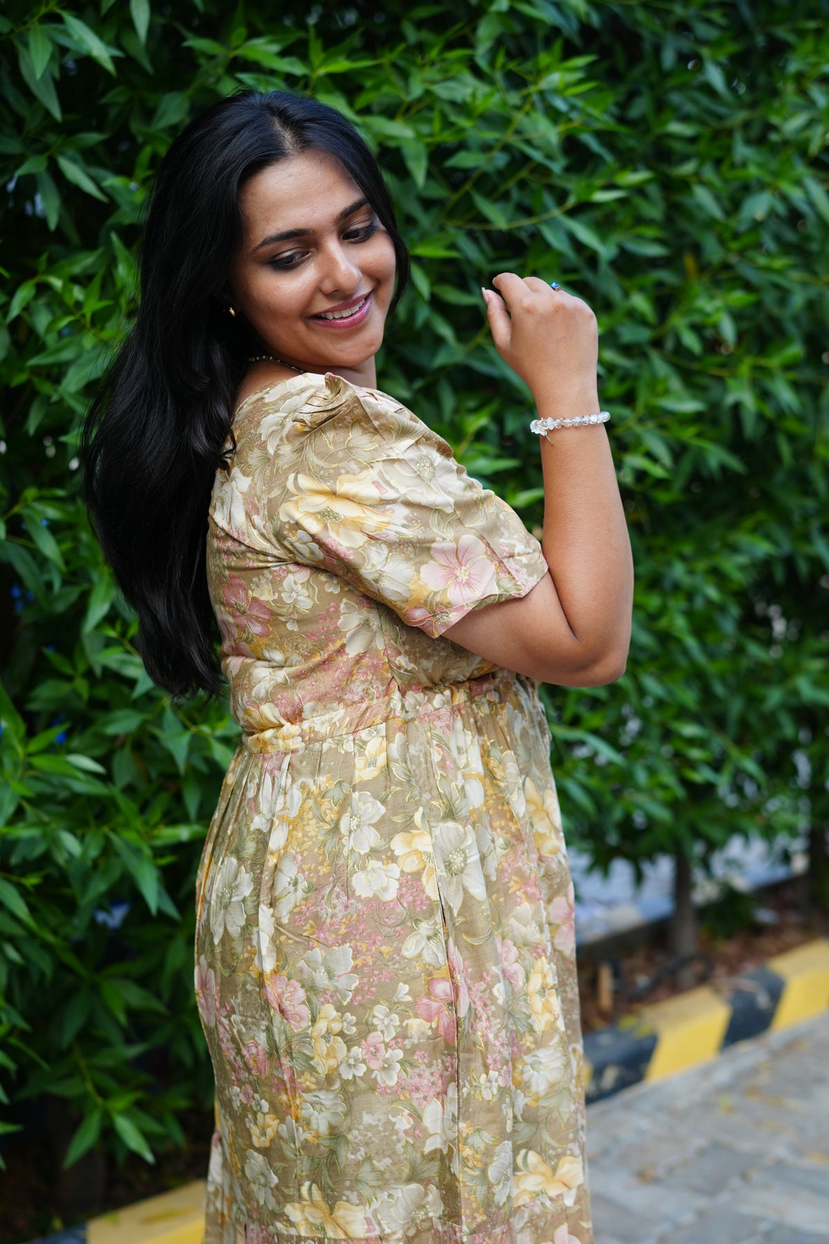 Vintage Earthy Floral Rayon Foil Print Maxi Dress – Puff Sleeve Tiered Frock with Adjustable Waist Tie & Side Pockets