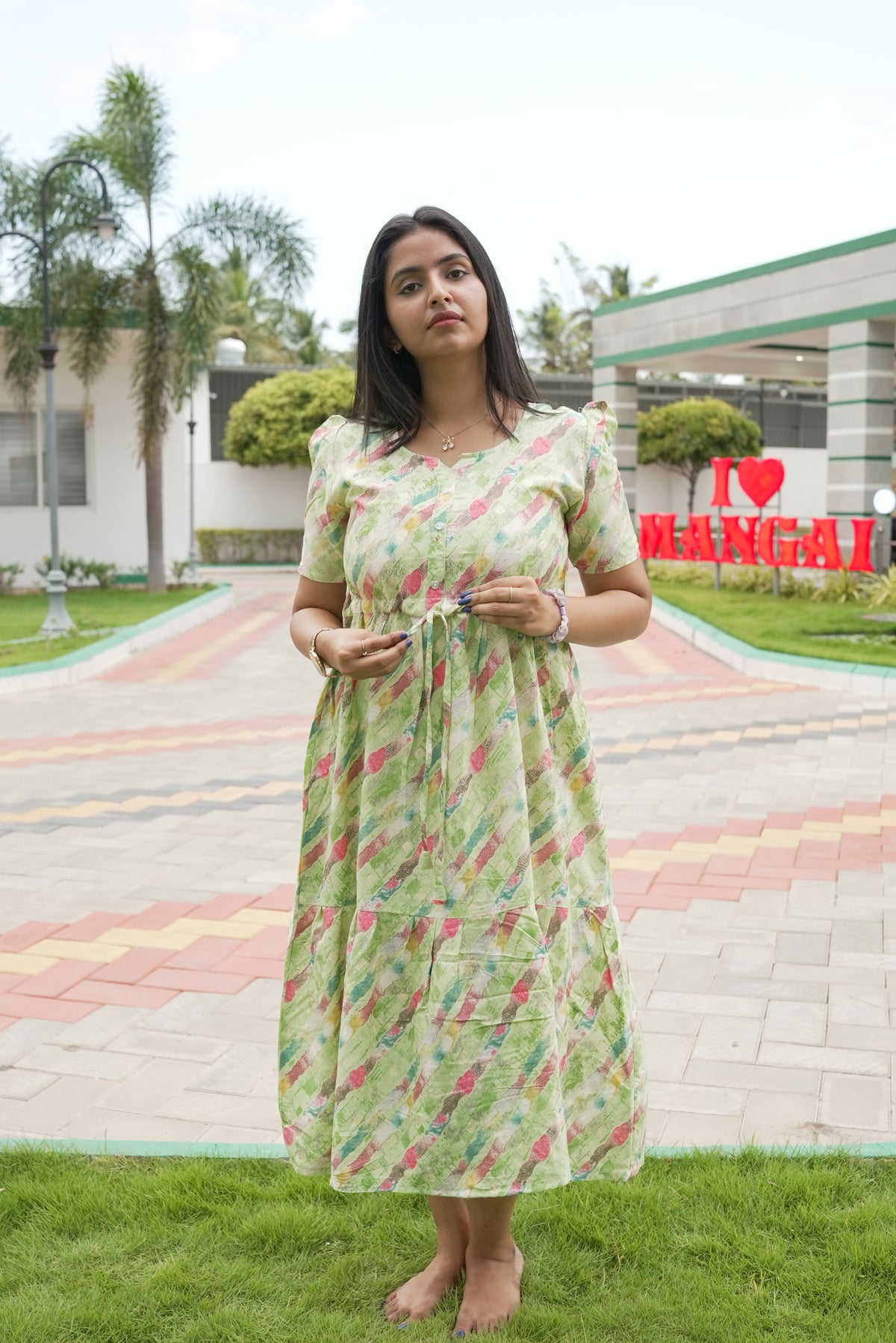 Rayon Colourful Foil Printing Gathering Frock Model Nighties | Side Pocket and Gathering Front Rope | Fancy Sleeve & Maxi Frock Nightwear for Stylish Women's (FGF)