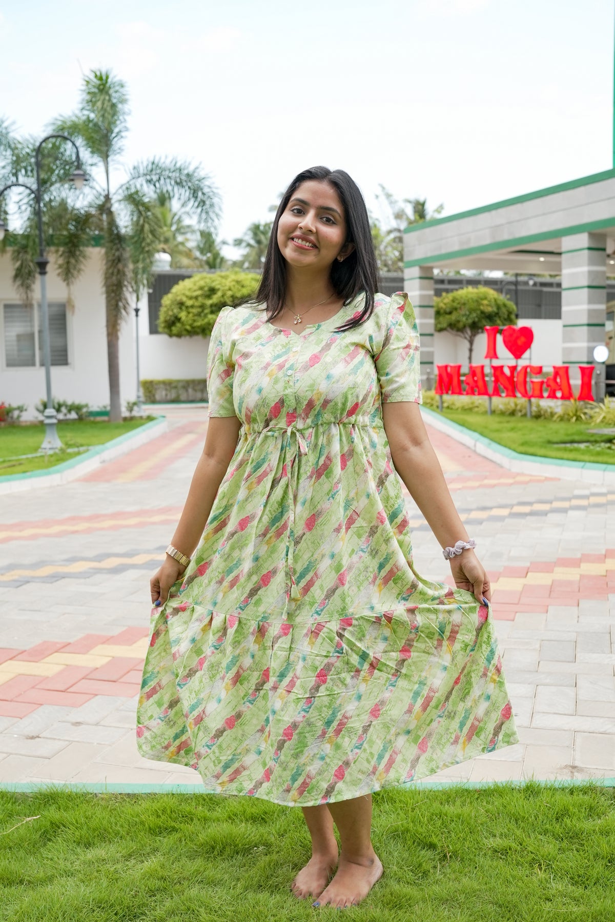 Rayon Colourful Foil Printing Gathering Frock Model Nighties | Side Pocket and Gathering Front Rope | Fancy Sleeve & Maxi Frock Nightwear for Stylish Women's (FGF)