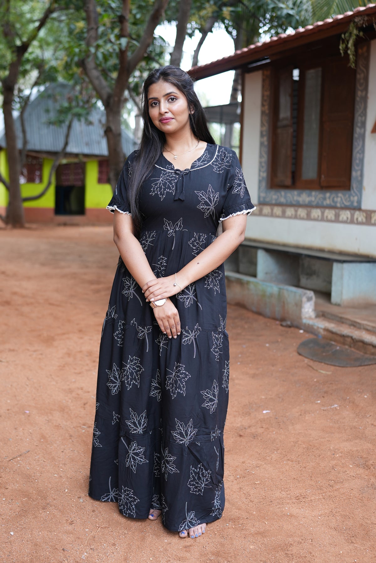 Mangai 3 Layer Flared Frock Model Nighties Soft and Smooth Premium Quality Rayon Material , Fancy Frilled Sleeve, Side Pocket , Back tie Rope , Stylish Collection's for Trendy Women's (MRK)