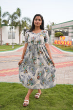 Rayon Colourful Foil Printing Gathering Frock Model Nighties | Side Pocket and Gathering Front Rope | Fancy Sleeve & Maxi Frock Nightwear for Stylish Women's (FGF)