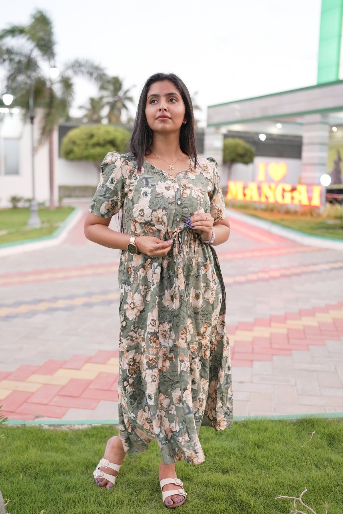 Rayon Colourful Foil Printing Gathering Frock Model Nighties | Side Pocket and Gathering Front Rope | Fancy Sleeve & Maxi Frock Nightwear for Stylish Women's (FGF)