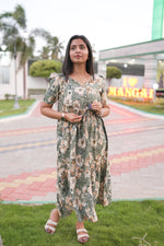 Rayon Colourful Foil Printing Gathering Frock Model Nighties | Side Pocket and Gathering Front Rope | Fancy Sleeve & Maxi Frock Nightwear for Stylish Women's (FGF)