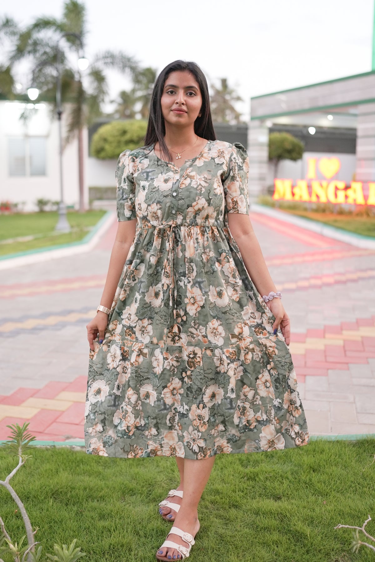 Rayon Colourful Foil Printing Gathering Frock Model Nighties | Side Pocket and Gathering Front Rope | Fancy Sleeve & Maxi Frock Nightwear for Stylish Women's (FGF)