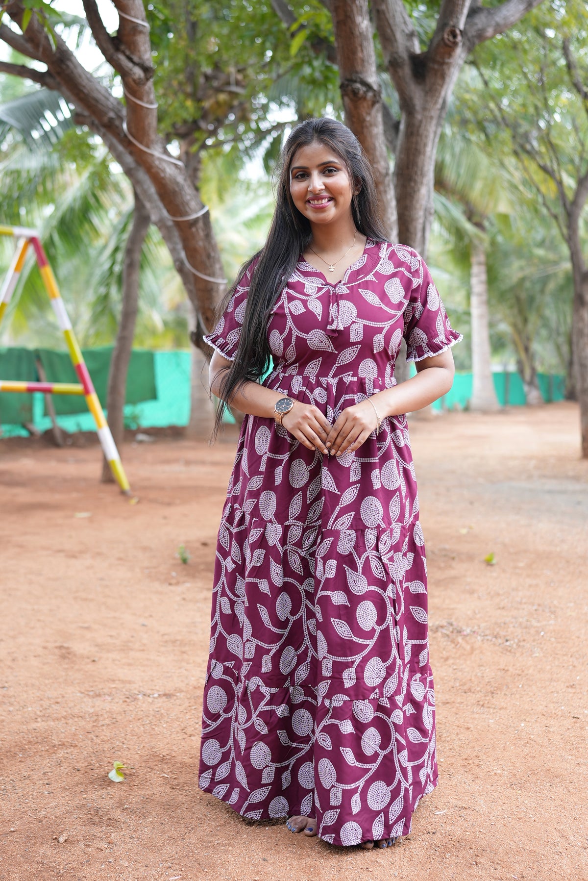 Mangai 3 Layer Flared Frock Model Nighties Soft and Smooth Premium Quality Rayon Material , Fancy Frilled Sleeve, Side Pocket , Back tie Rope , Stylish Collection's for Trendy Women's (MRK)