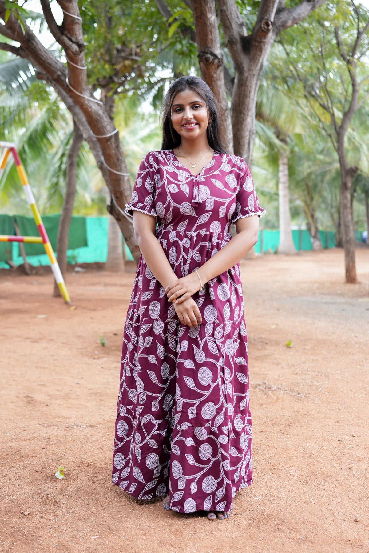 Mangai 3 Layer Flared Frock Model Nighties Soft and Smooth Premium Quality Rayon Material , Fancy Frilled Sleeve, Side Pocket , Back tie Rope , Stylish Collection's for Trendy Women's (MRK)