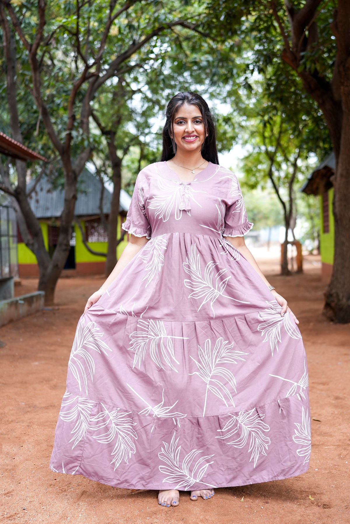 Mangai 3 Layer Flared Frock Model Nighties Soft and Smooth Premium Quality Rayon Material , Fancy Frilled Sleeve, Side Pocket , Back tie Rope , Stylish Collection's for Trendy Women's (MRK)