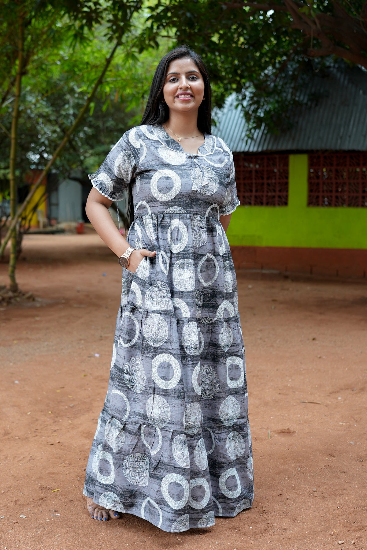 Mangai 3 Layer Flared Frock Model Nighties Soft and Smooth Premium Quality Rayon Material , Fancy Frilled Sleeve, Side Pocket , Back tie Rope , Stylish Collection's for Trendy Women's (MRK)