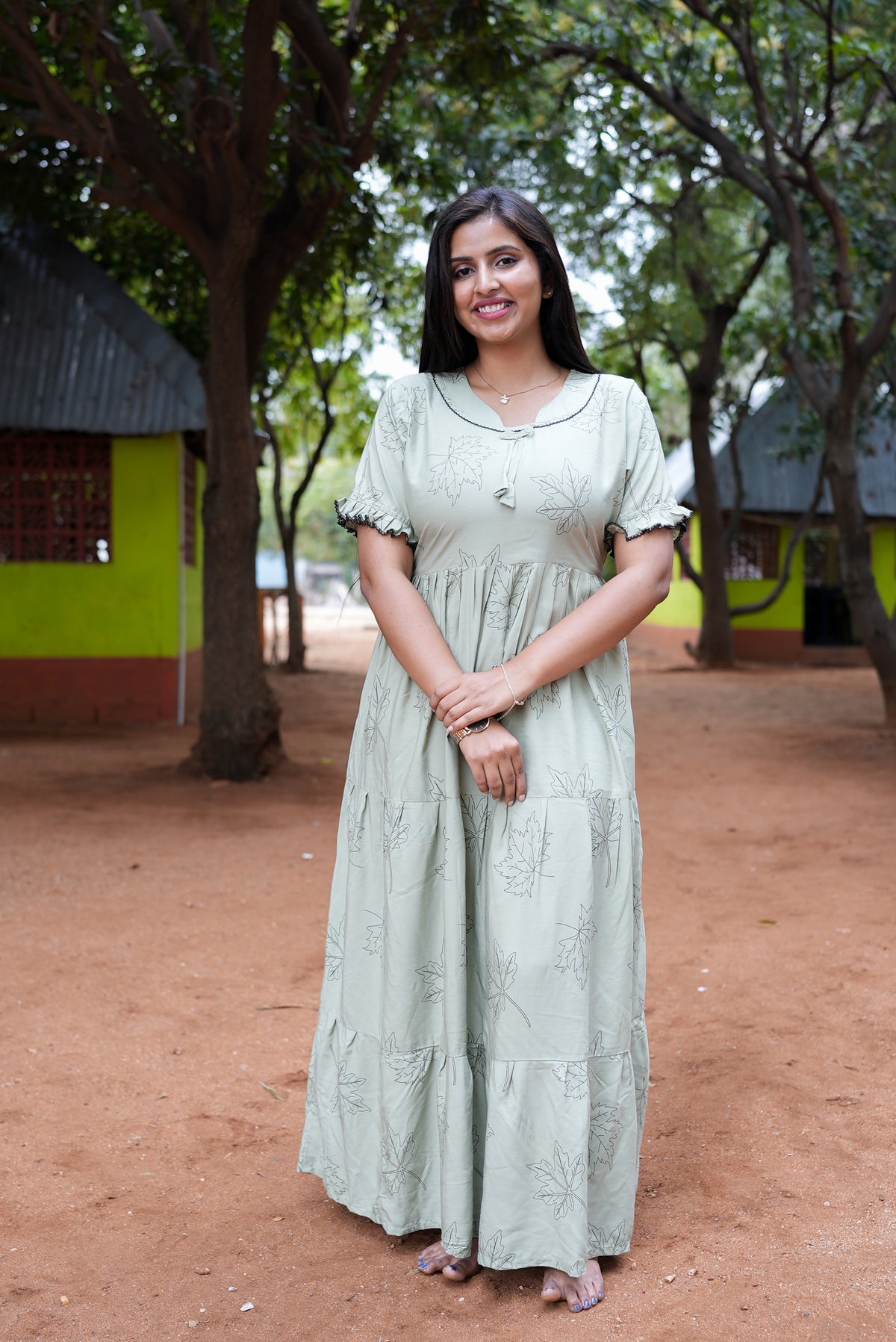 Mangai 3 Layer Flared Frock Model Nighties Soft and Smooth Premium Quality Rayon Material , Fancy Frilled Sleeve, Side Pocket , Back tie Rope , Stylish Collection's for Trendy Women's (MRK)