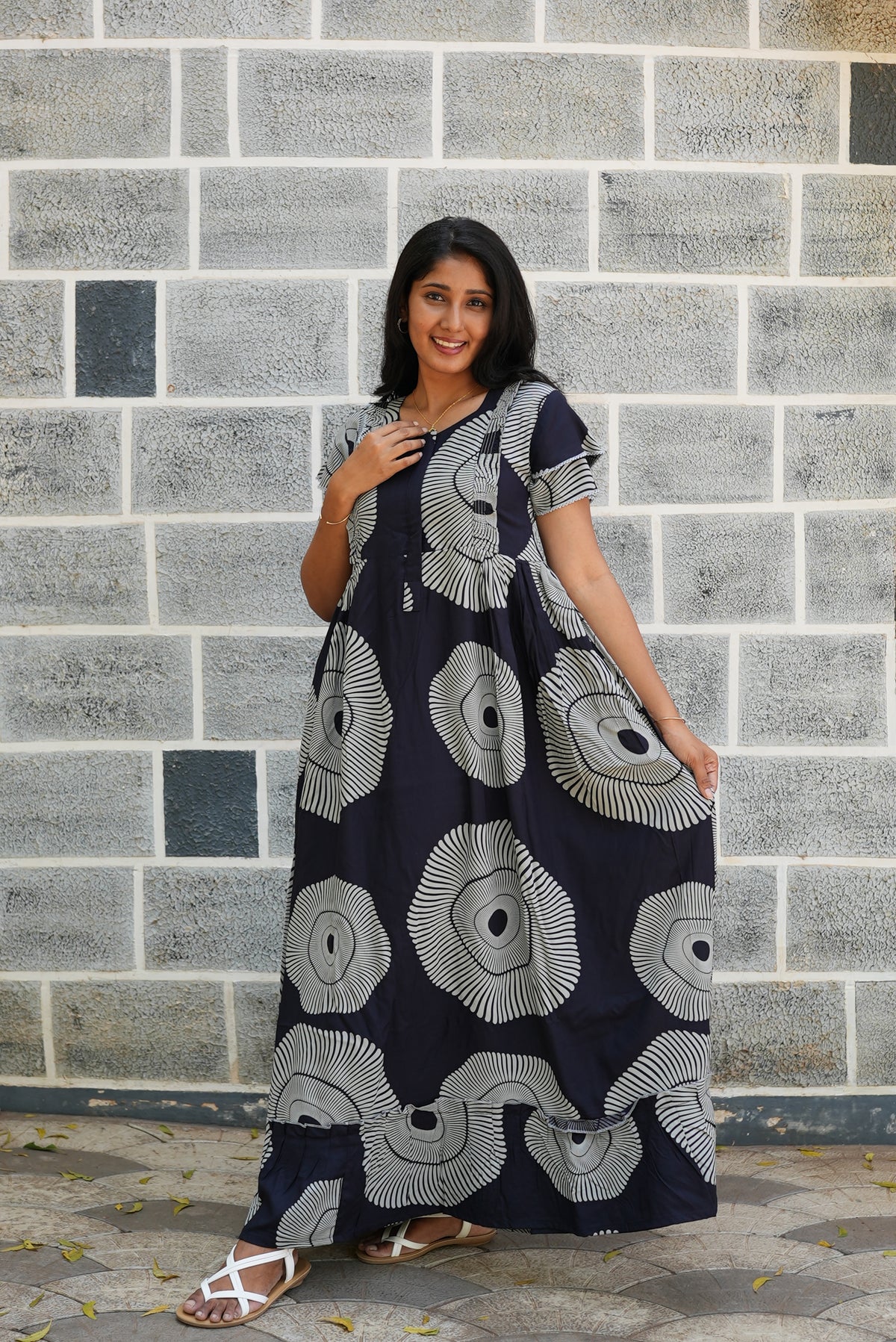 MANGAI Rayon Frock Nighties | Front Open Lengthy Zipper Comforts Feeding | Fancy Double Layered Sleeve's | Post & Pre Pregnancy's and Casual Wear | Side Pocket |Versatile Rayon Frock Night Gown's for Stylish Women's (RFF)