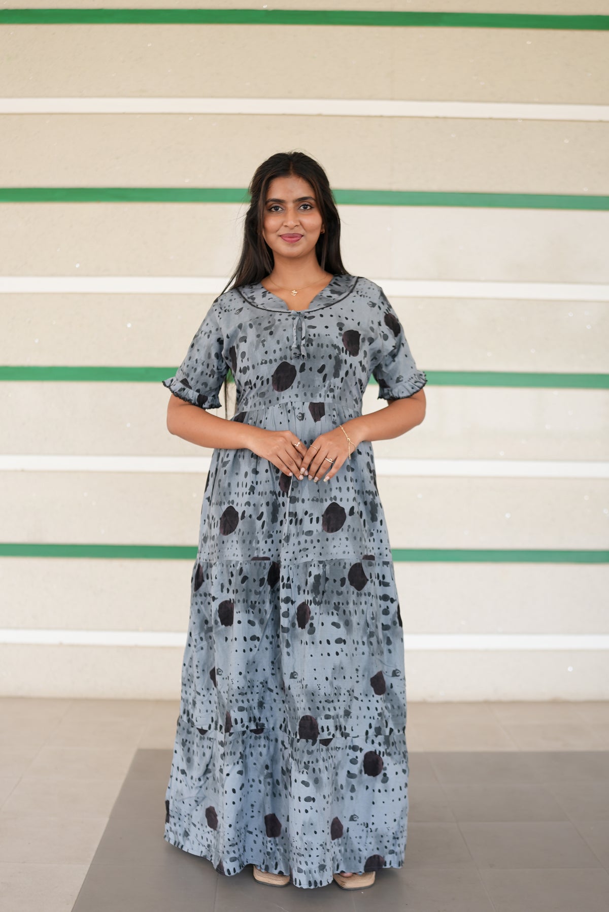 Mangai 3 Layer Flared Frock Model Nighties Soft and Smooth Premium Quality Rayon Material , Fancy Frilled Sleeve, Side Pocket , Back tie Rope , Stylish Collection's for Trendy Women's (MRK)