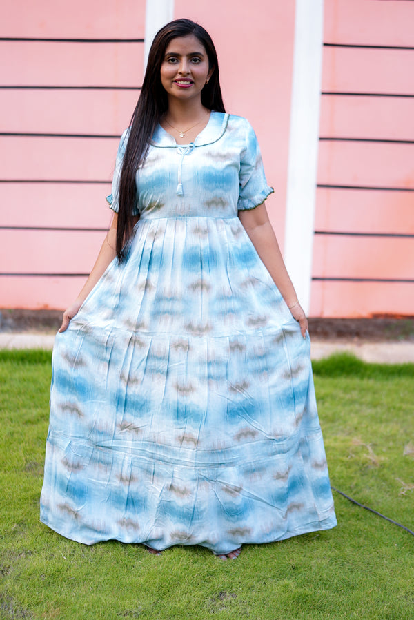 Mangai 3 Layer Flared Frock Model Nighties Soft and Smooth Premium Quality Rayon Material , Fancy Frilled Sleeve, Side Pocket , Back tie Rope , Stylish Collection's for Trendy Women's (MRK)