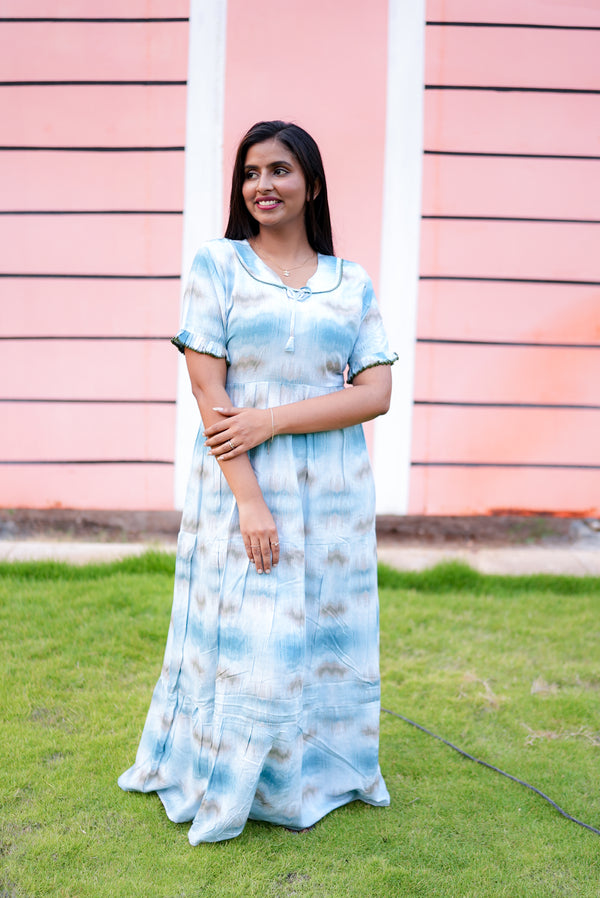 Mangai 3 Layer Flared Frock Model Nighties Soft and Smooth Premium Quality Rayon Material , Fancy Frilled Sleeve, Side Pocket , Back tie Rope , Stylish Collection's for Trendy Women's (MRK)