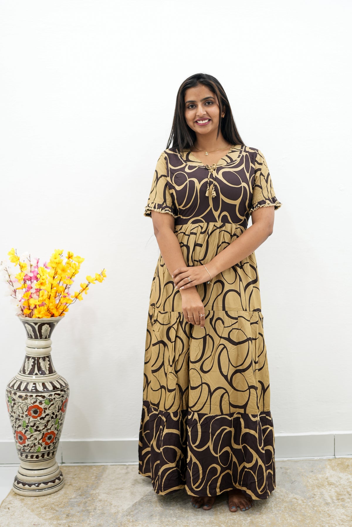 Mangai 3 Layer Flared Frock Model Nighties Soft and Smooth Premium Quality Rayon Material , Fancy Frilled Sleeve, Side Pocket , Back tie Rope , Stylish Collection's for Trendy Women's (MRK)