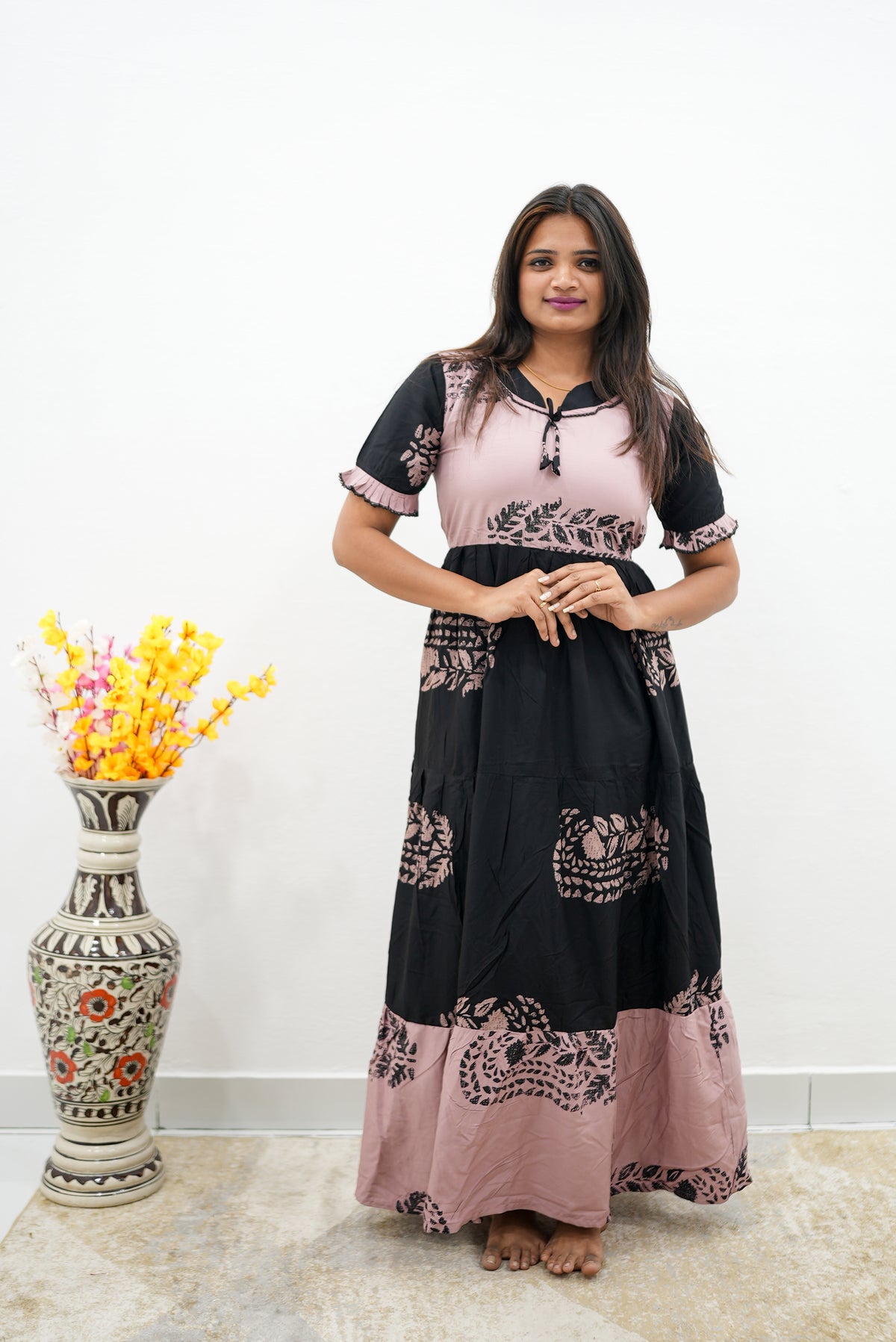 Mangai 3 Layer Flared Frock Model Nighties Soft and Smooth Premium Quality Rayon Material , Fancy Frilled Sleeve, Side Pocket , Back tie Rope , Stylish Collection's for Trendy Women's (MRK)