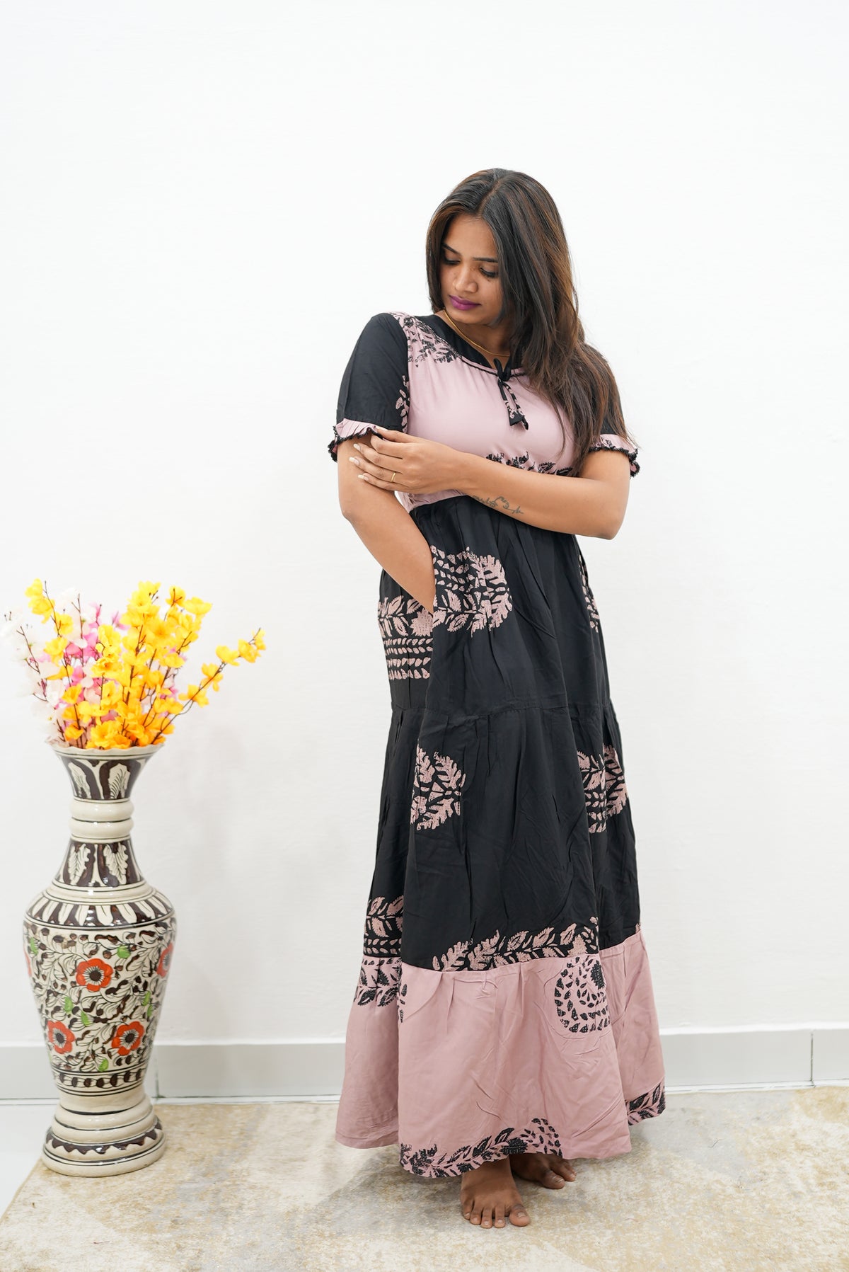 Mangai 3 Layer Flared Frock Model Nighties Soft and Smooth Premium Quality Rayon Material , Fancy Frilled Sleeve, Side Pocket , Back tie Rope , Stylish Collection's for Trendy Women's (MRK)