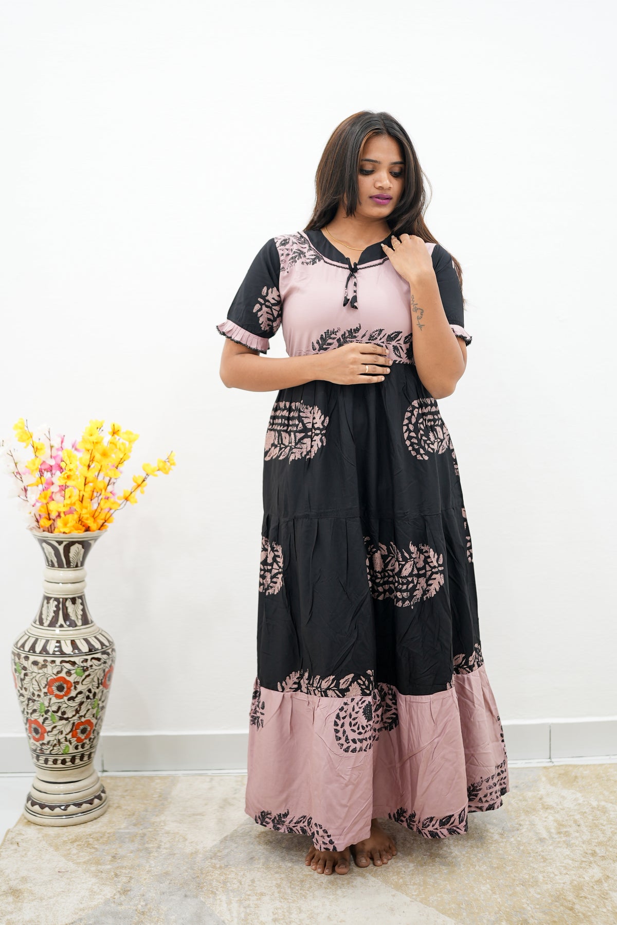 Mangai 3 Layer Flared Frock Model Nighties Soft and Smooth Premium Quality Rayon Material , Fancy Frilled Sleeve, Side Pocket , Back tie Rope , Stylish Collection's for Trendy Women's (MRK)