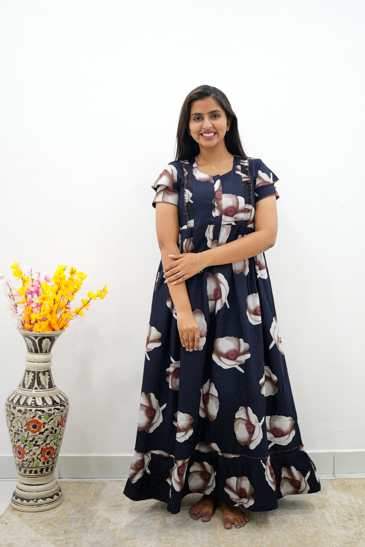 MANGAI Rayon Frock Nighties | Front Open Lengthy Zipper Comforts Feeding | Fancy Double Layered Sleeve's | Post & Pre Pregnancy's and Casual Wear | Side Pocket |Versatile Rayon Frock Night Gown's for Stylish Women's (RFF)