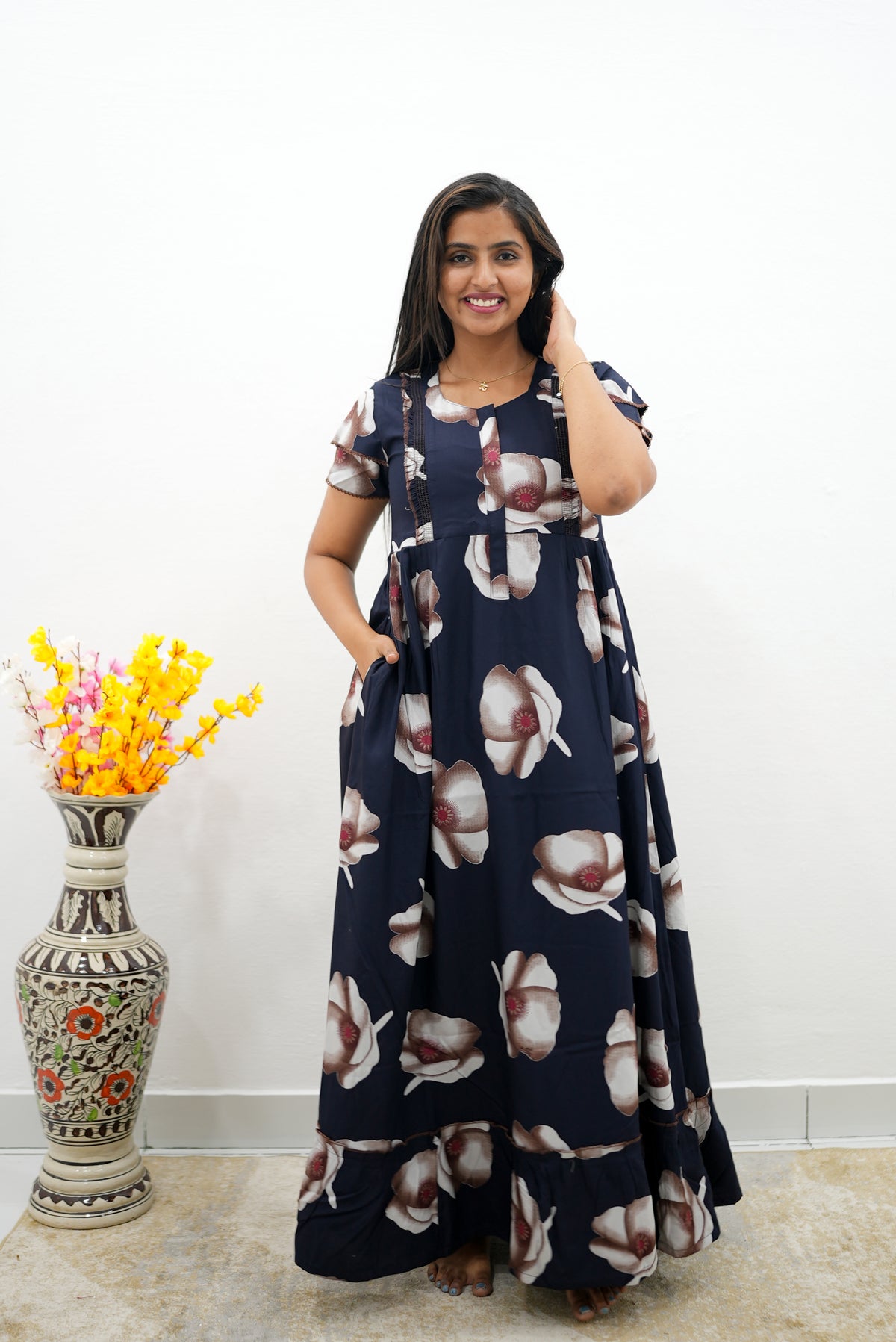 MANGAI Rayon Frock Nighties | Front Open Lengthy Zipper Comforts Feeding | Fancy Double Layered Sleeve's | Post & Pre Pregnancy's and Casual Wear | Side Pocket |Versatile Rayon Frock Night Gown's for Stylish Women's (RFF)