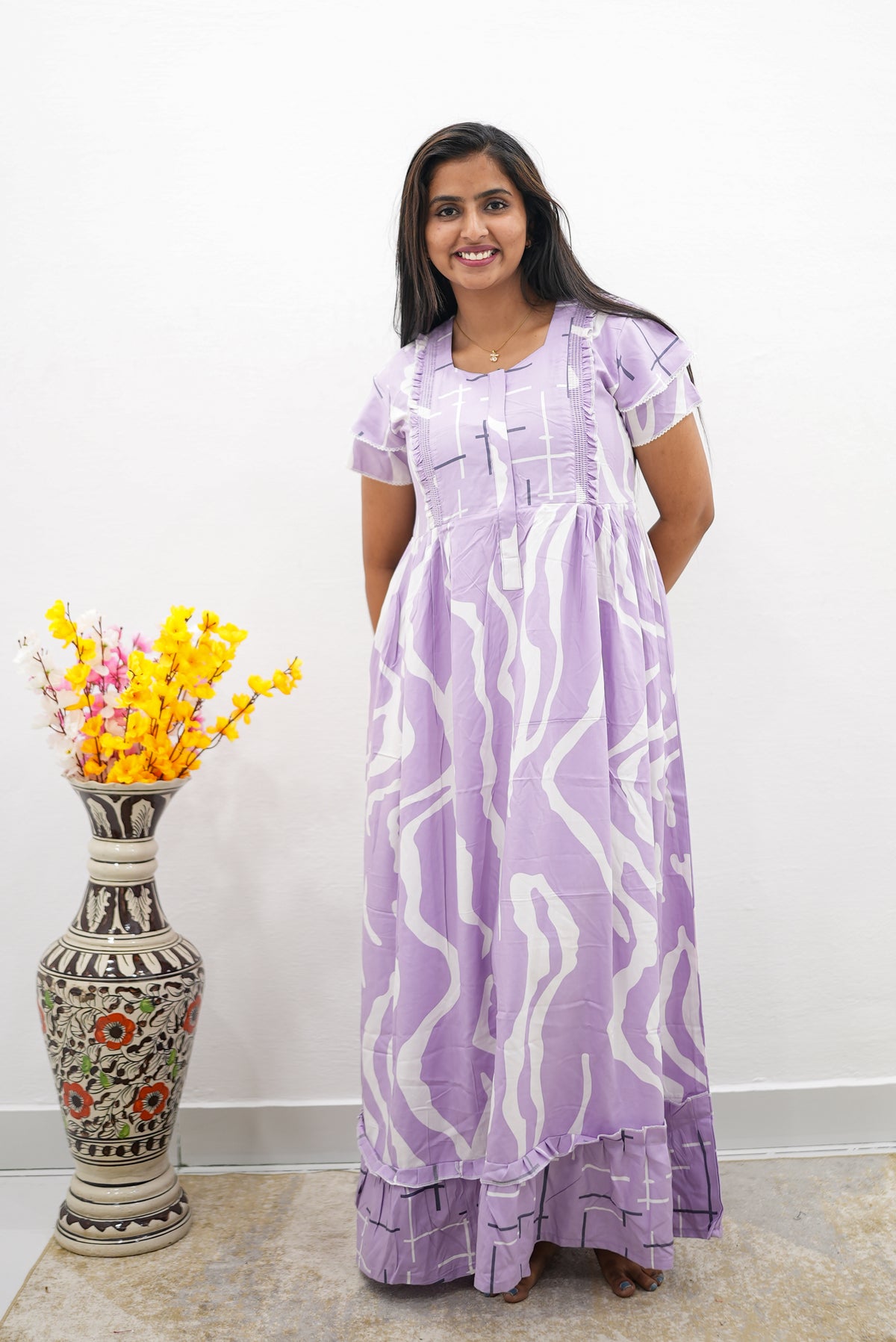 MANGAI Rayon Frock Nighties | Front Open Lengthy Zipper Comforts Feeding | Fancy Double Layered Sleeve's | Post & Pre Pregnancy's and Casual Wear | Side Pocket |Versatile Rayon Frock Night Gown's for Stylish Women's (RFF)