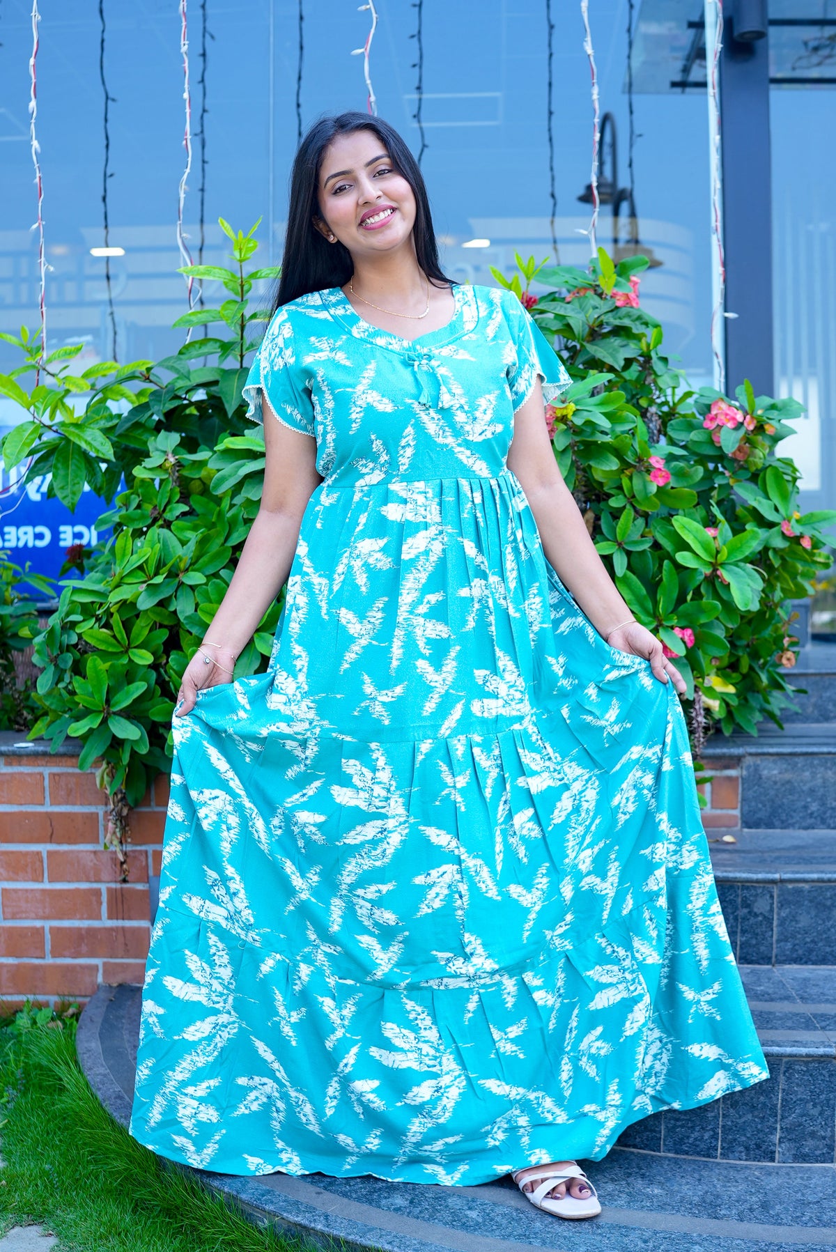 Stylish Alpine 3 Layer Frock Model Nighties| Fancy Sleeves & Neck Pattern| Side Pocket with Back Tie Rope | Perfect Nightwear Trendy Women's (AFK)