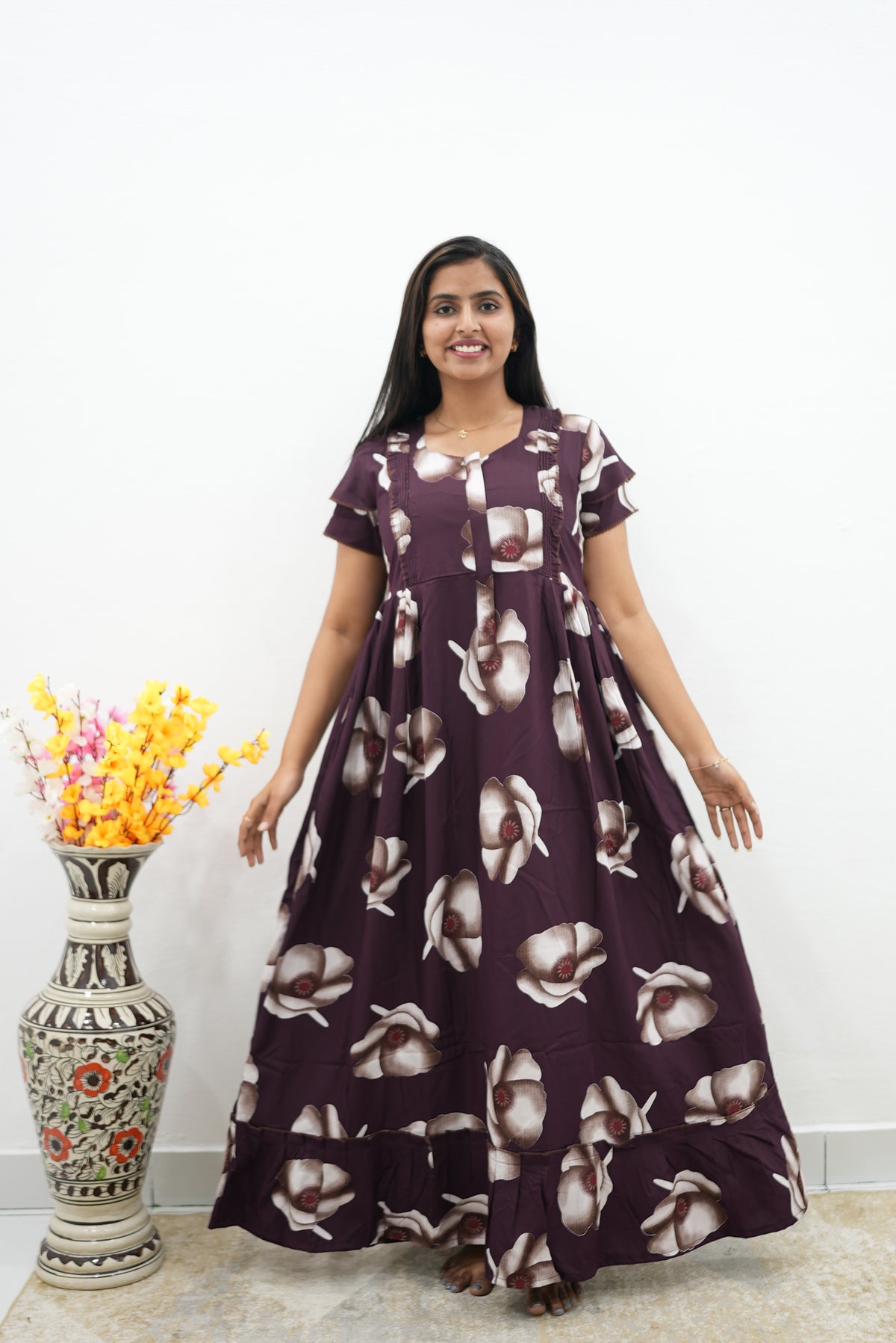 MANGAI Rayon Frock Nighties | Front Open Lengthy Zipper Comforts Feeding | Fancy Double Layered Sleeve's | Post & Pre Pregnancy's and Casual Wear | Side Pocket |Versatile Rayon Frock Night Gown's for Stylish Women's (RFF)
