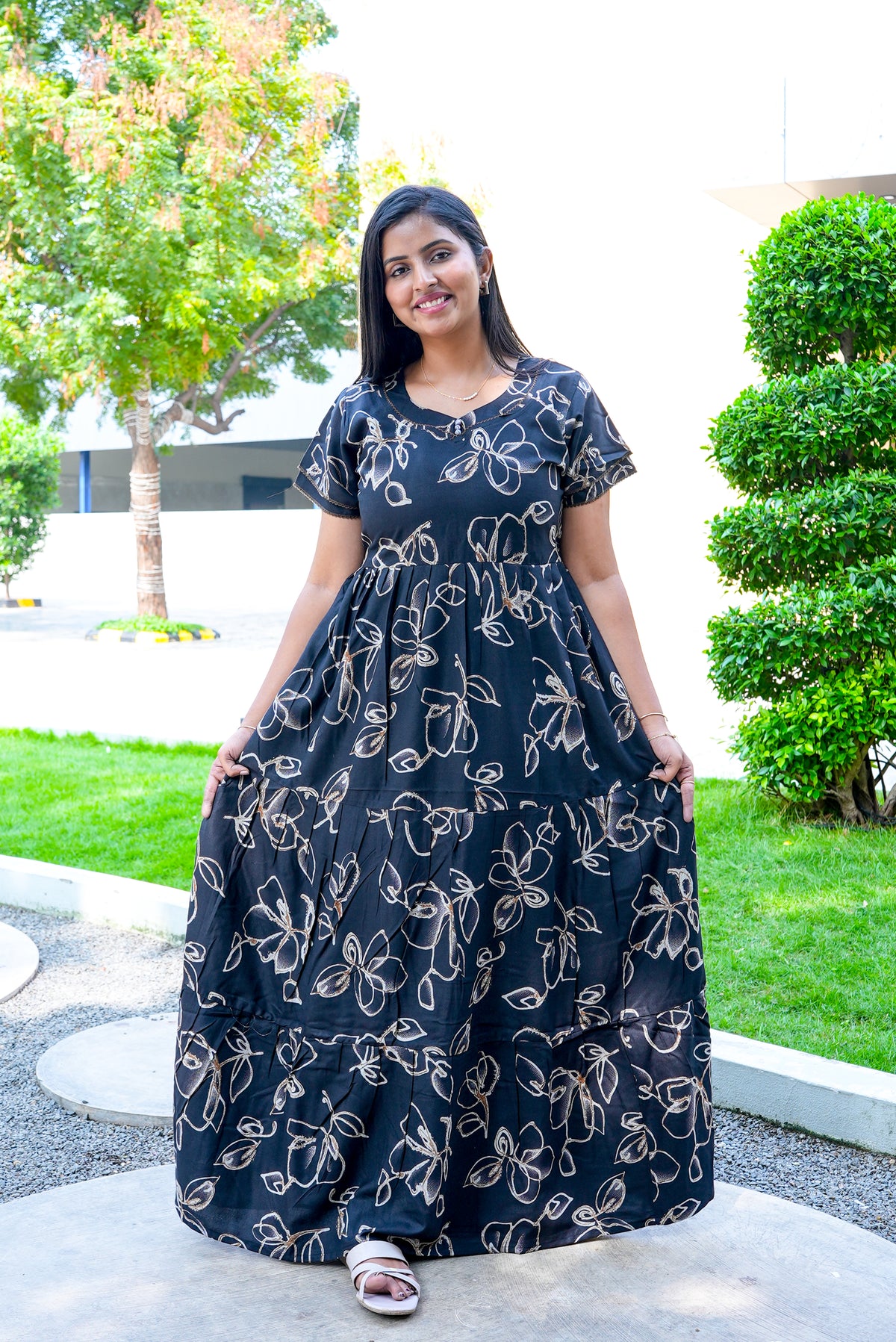 Stylish Alpine 3 Layer Frock Model Nighties| Fancy Sleeves & Neck Pattern| Side Pocket with Back Tie Rope | Perfect Nightwear Trendy Women's (AFK)