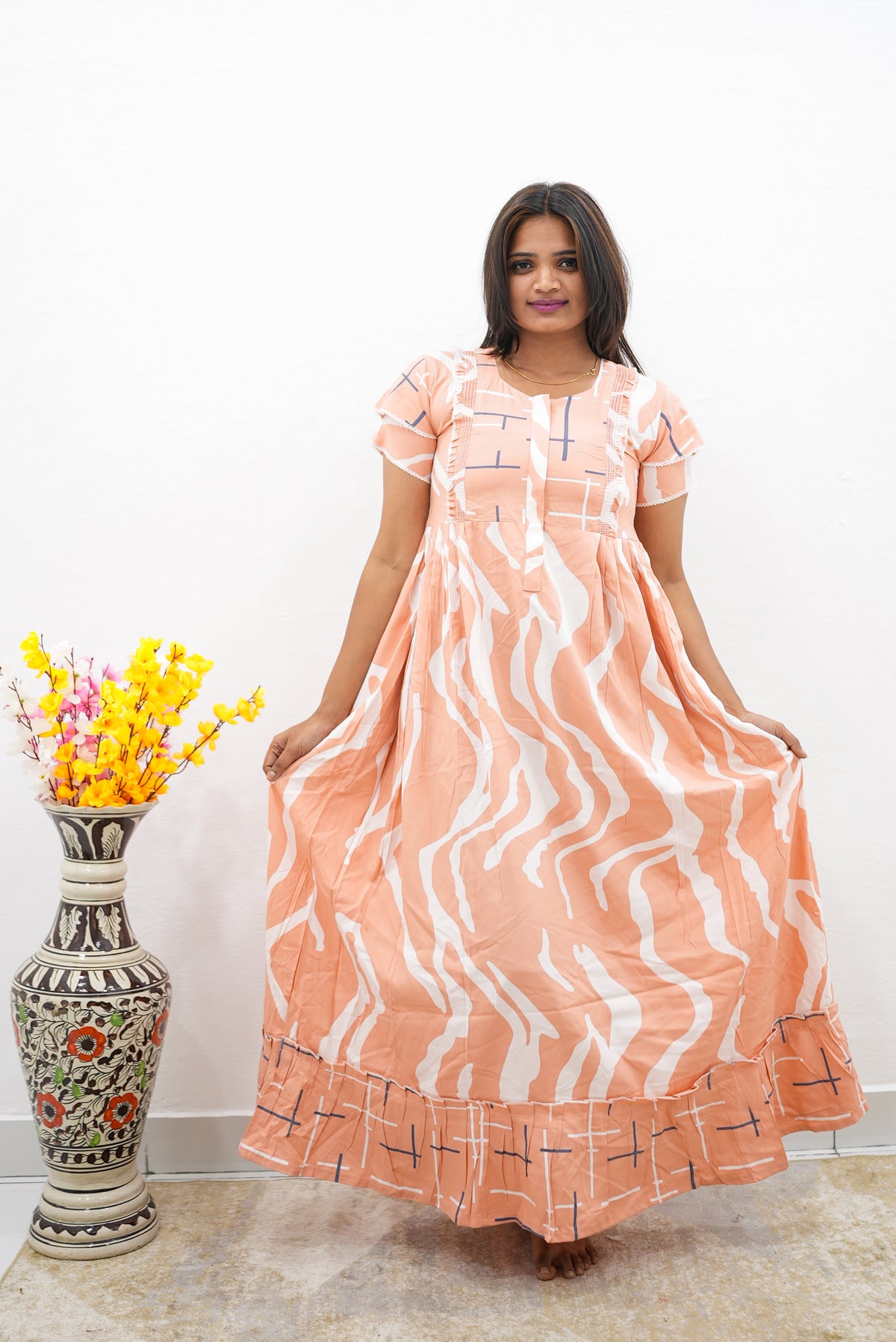 MANGAI Rayon Frock Nighties | Front Open Lengthy Zipper Comforts Feeding | Fancy Double Layered Sleeve's | Post & Pre Pregnancy's and Casual Wear | Side Pocket |Versatile Rayon Frock Night Gown's for Stylish Women's (RFF)