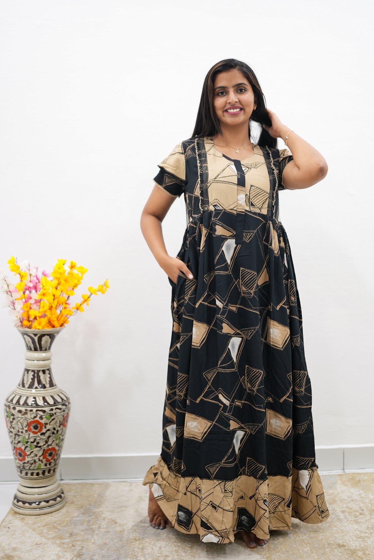 MANGAI Rayon Frock Nighties | Front Open Lengthy Zipper Comforts Feeding | Fancy Double Layered Sleeve's | Post & Pre Pregnancy's and Casual Wear | Side Pocket |Versatile Rayon Frock Night Gown's for Stylish Women's (RFF)
