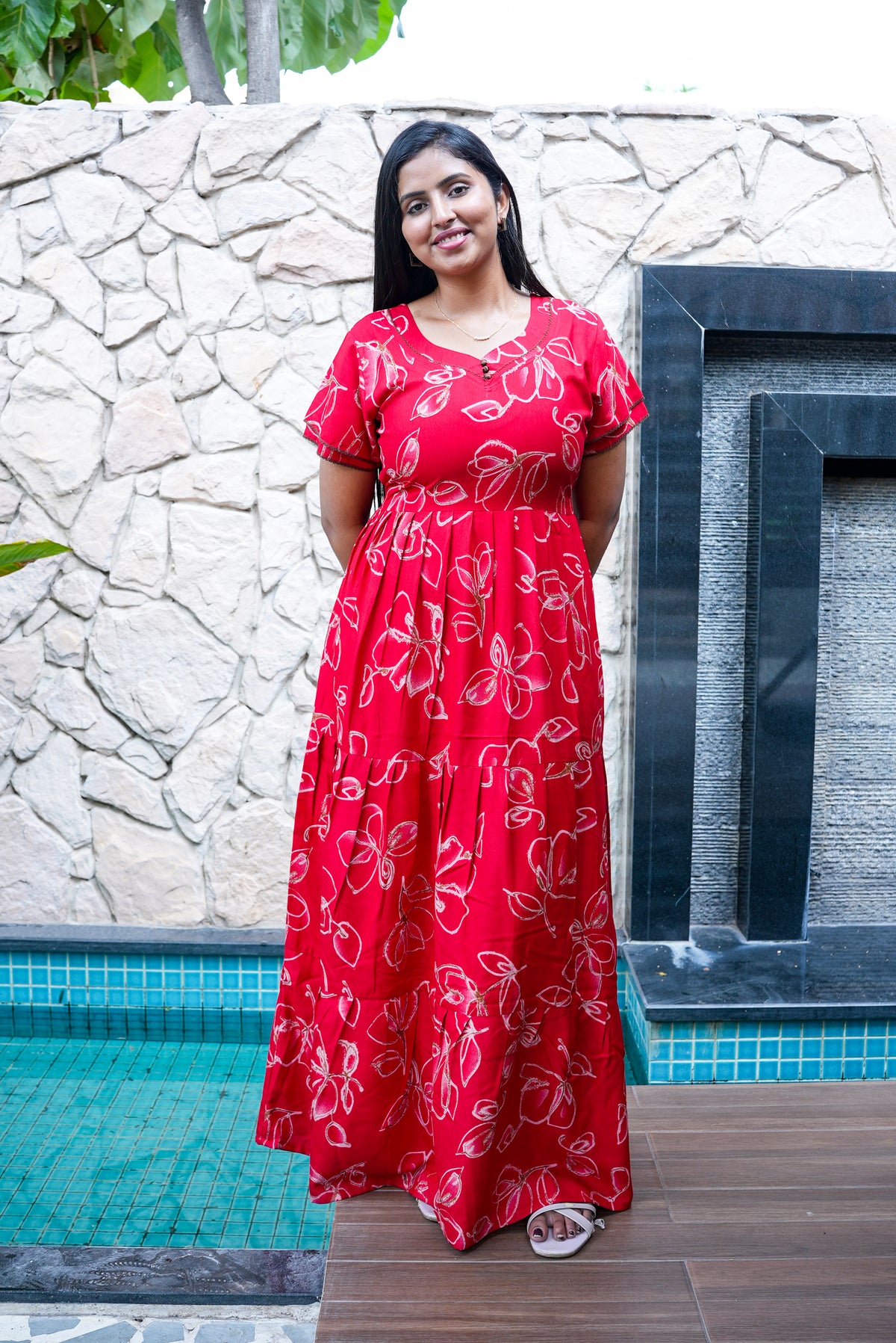 Stylish Alpine 3 Layer Frock Model Nighties| Fancy Sleeves & Neck Pattern| Side Pocket with Back Tie Rope | Perfect Nightwear Trendy Women's (AFK)