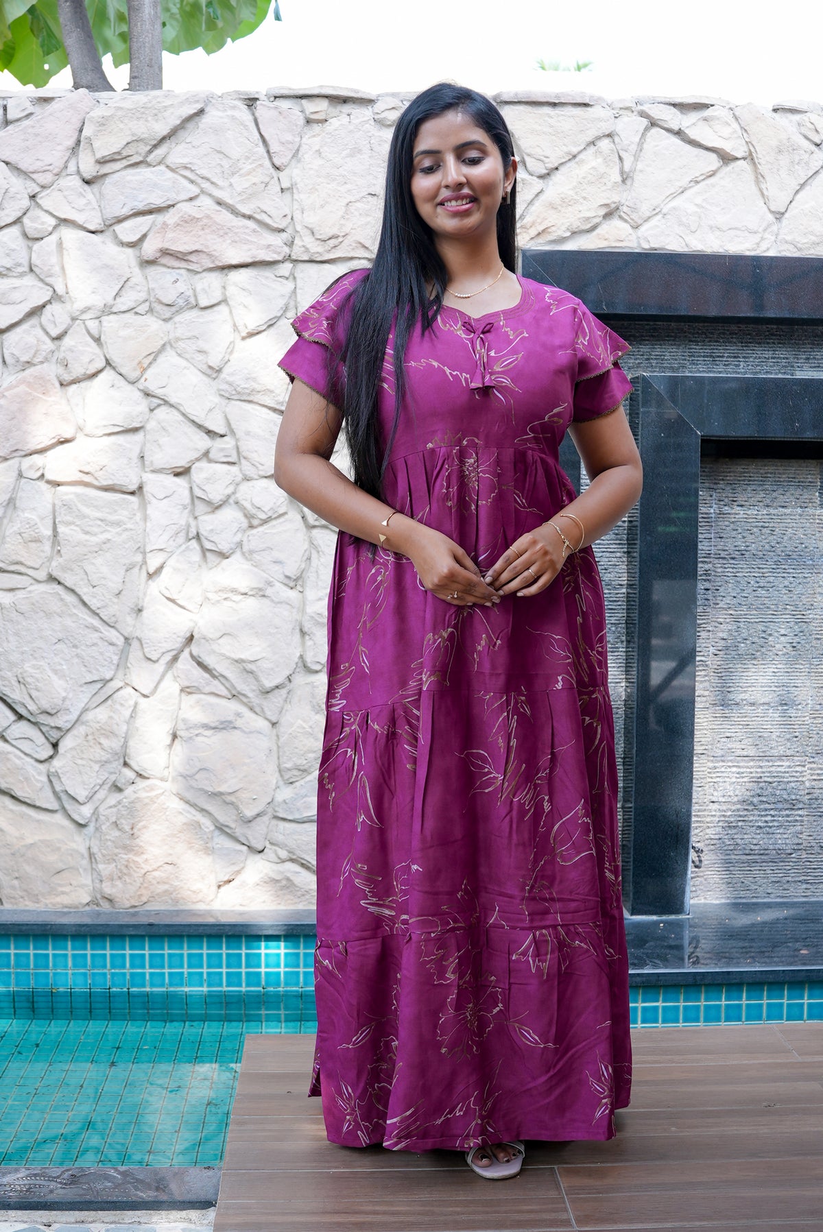 Stylish Alpine 3 Layer Frock Model Nighties| Fancy Sleeves & Neck Pattern| Side Pocket with Back Tie Rope | Perfect Nightwear Trendy Women's (AFK)