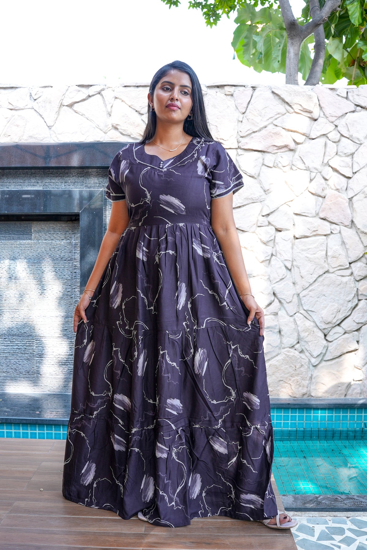 Stylish Alpine 3 Layer Frock Model Nighties| Fancy Sleeves & Neck Pattern| Side Pocket with Back Tie Rope | Perfect Nightwear Trendy Women's (AFK)