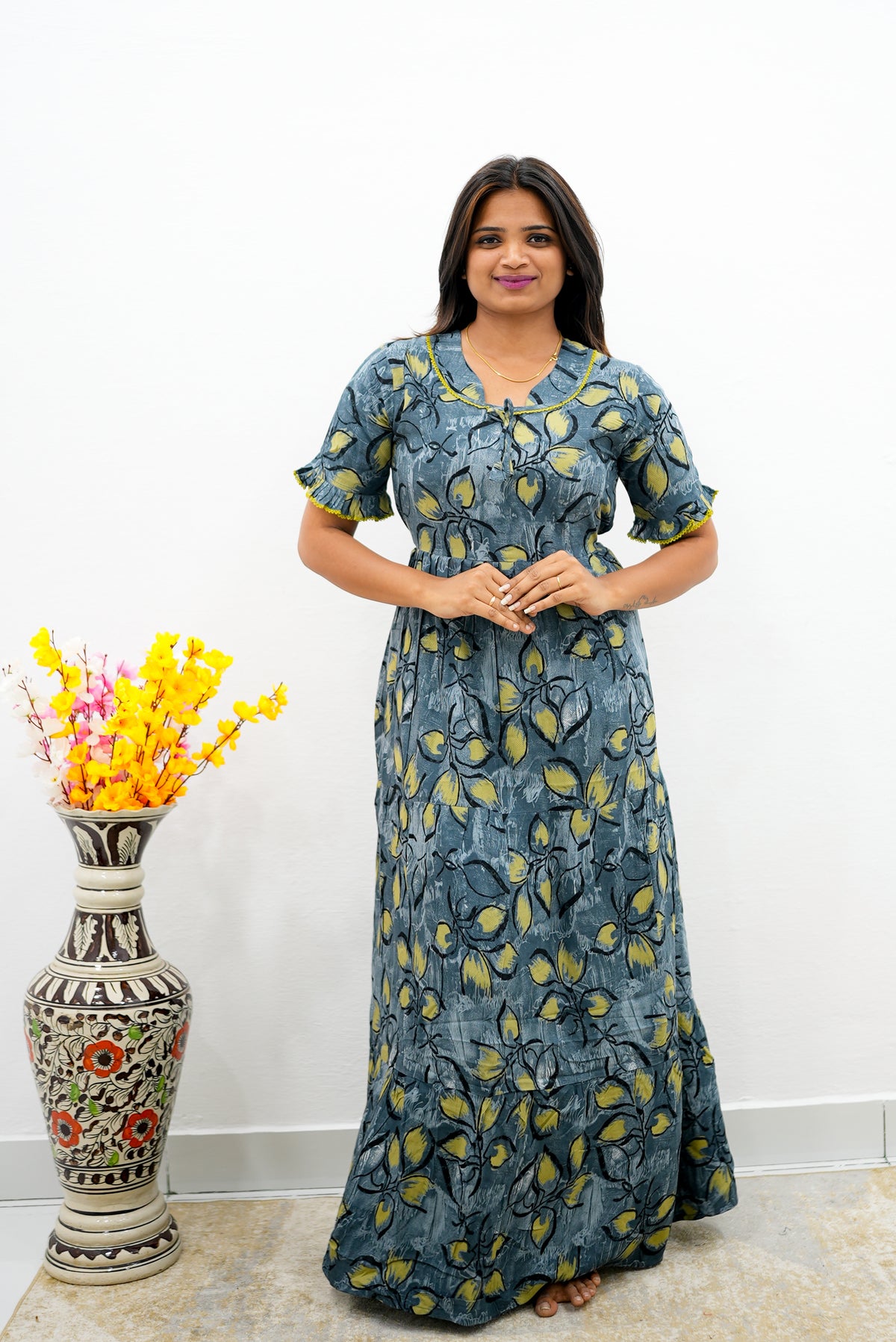 Mangai 3 Layer Flared Frock Model Nighties Soft and Smooth Premium Quality Rayon Material , Fancy Frilled Sleeve, Side Pocket , Back tie Rope , Stylish Collection's for Trendy Women's (MRK)