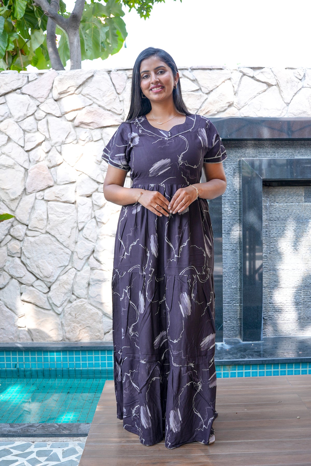 Stylish Alpine 3 Layer Frock Model Nighties| Fancy Sleeves & Neck Pattern| Side Pocket with Back Tie Rope | Perfect Nightwear Trendy Women's (AFK)