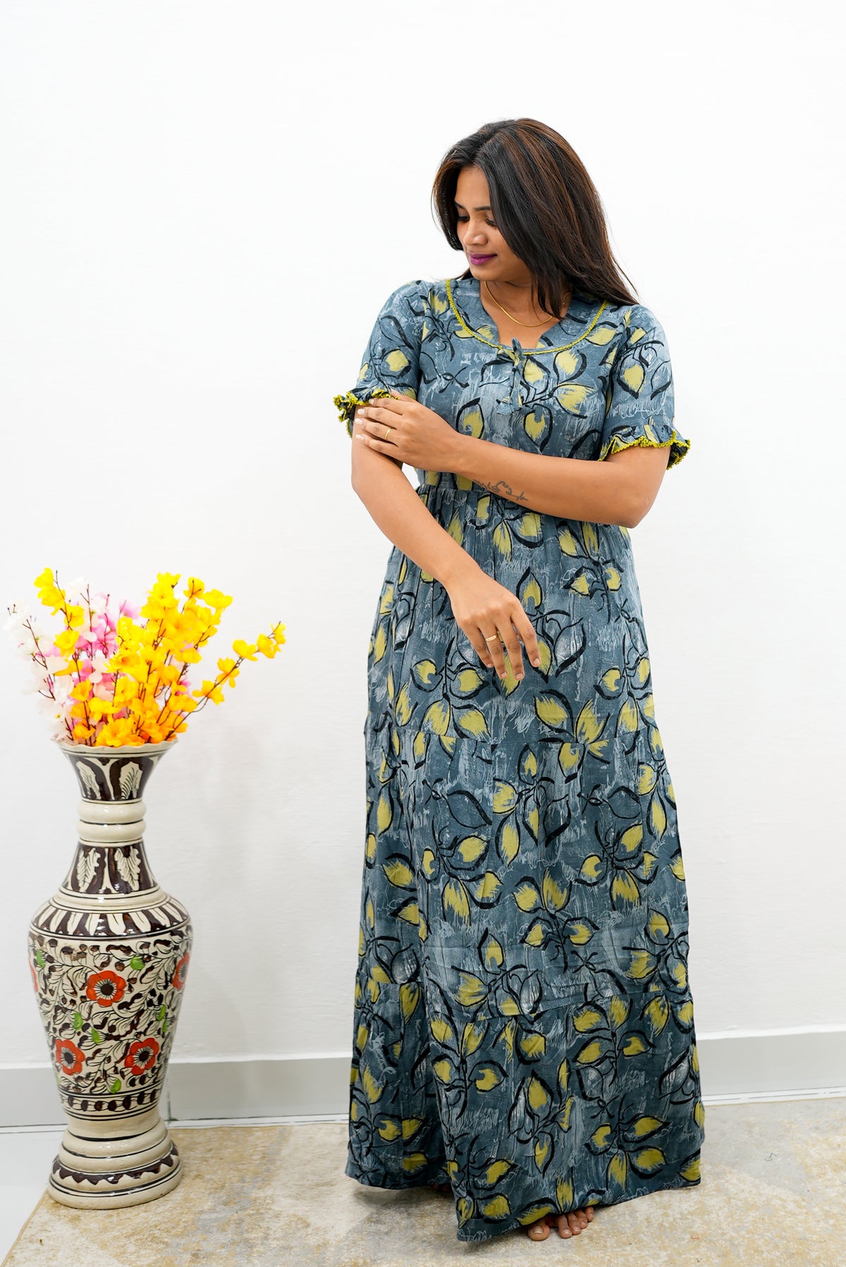 Mangai 3 Layer Flared Frock Model Nighties Soft and Smooth Premium Quality Rayon Material , Fancy Frilled Sleeve, Side Pocket , Back tie Rope , Stylish Collection's for Trendy Women's (MRK)