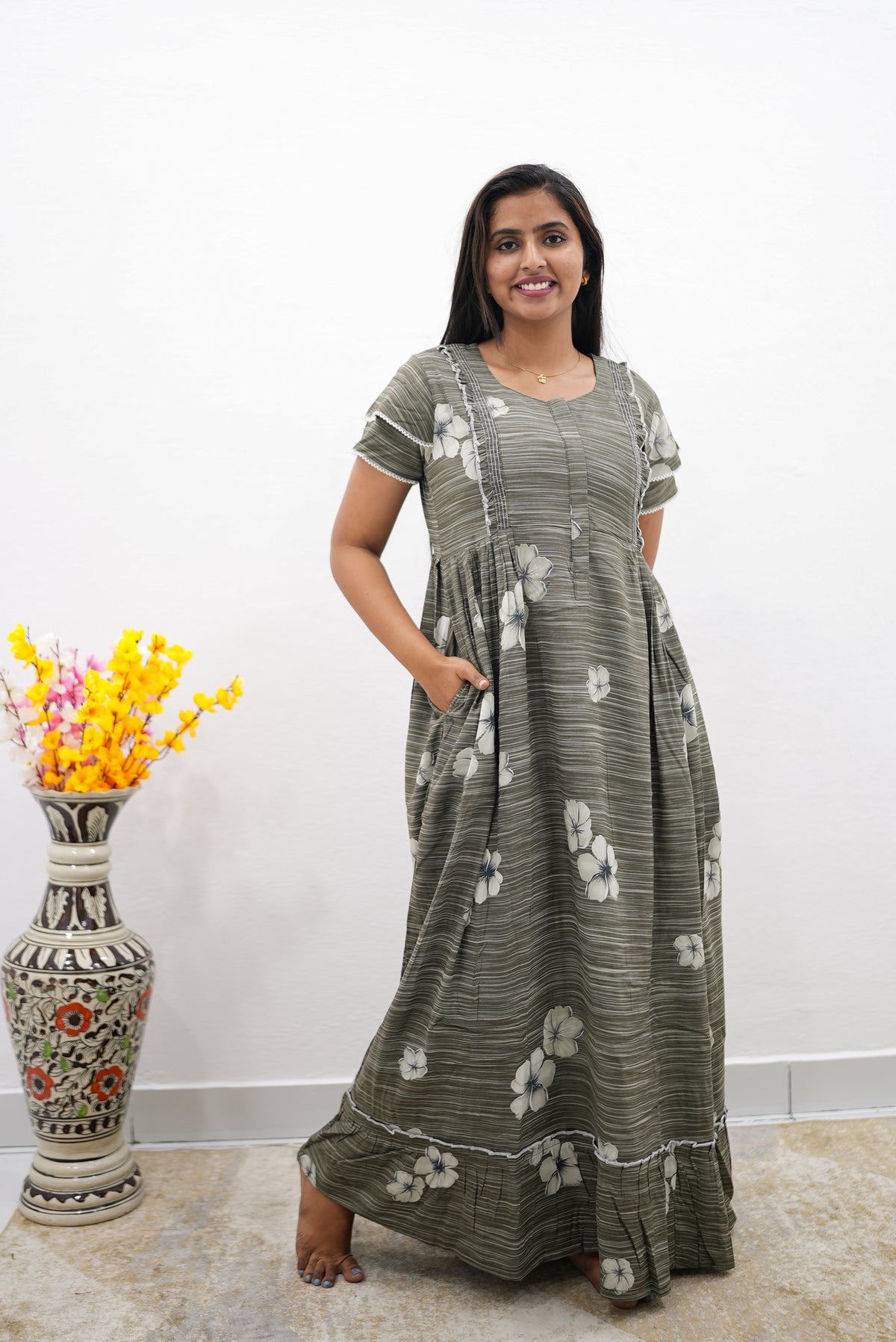 MANGAI Rayon Frock Nighties | Front Open Lengthy Zipper Comforts Feeding | Fancy Double Layered Sleeve's | Post & Pre Pregnancy's and Casual Wear | Side Pocket |Versatile Rayon Frock Night Gown's for Stylish Women's (RFF)