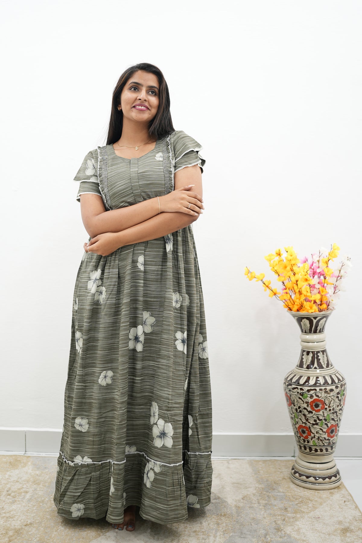 MANGAI Rayon Frock Nighties | Front Open Lengthy Zipper Comforts Feeding | Fancy Double Layered Sleeve's | Post & Pre Pregnancy's and Casual Wear | Side Pocket |Versatile Rayon Frock Night Gown's for Stylish Women's (RFF)