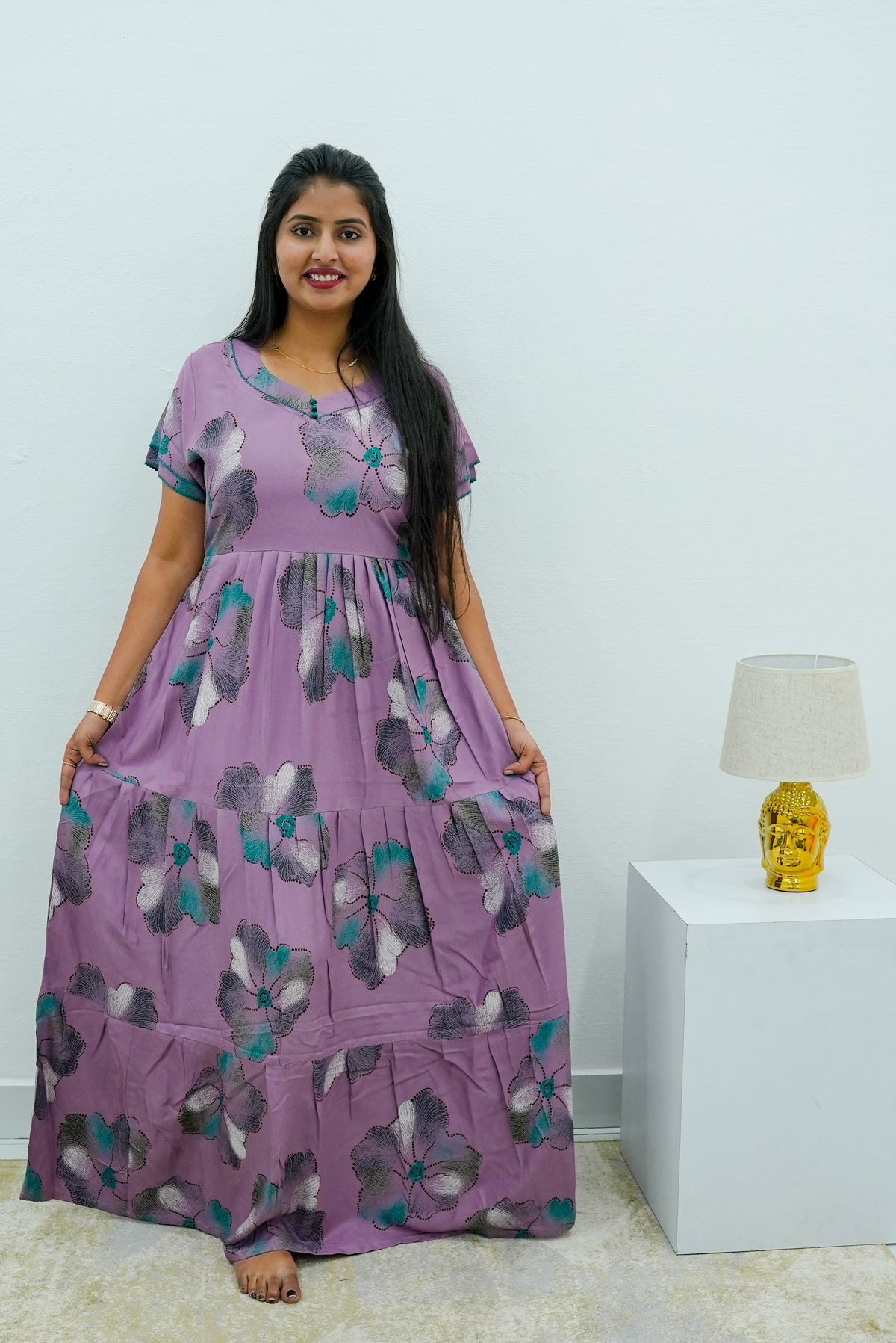 Stylish Alpine 3 Layer Frock Model Nighties| Fancy Sleeves & Neck Pattern| Side Pocket with Back Tie Rope | Perfect Nightwear Trendy Women's (AFK)