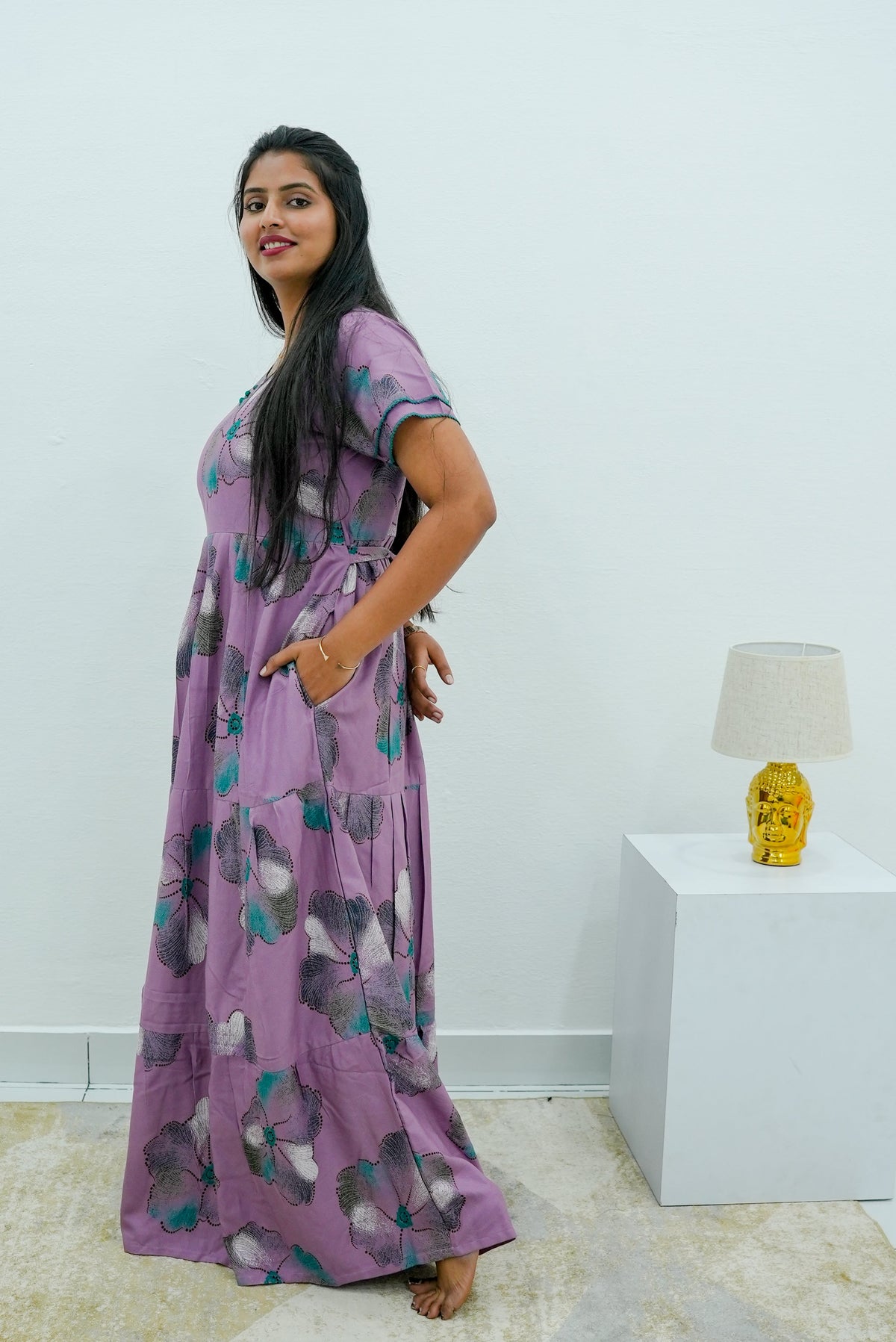 Stylish Alpine 3 Layer Frock Model Nighties| Fancy Sleeves & Neck Pattern| Side Pocket with Back Tie Rope | Perfect Nightwear Trendy Women's (AFK)