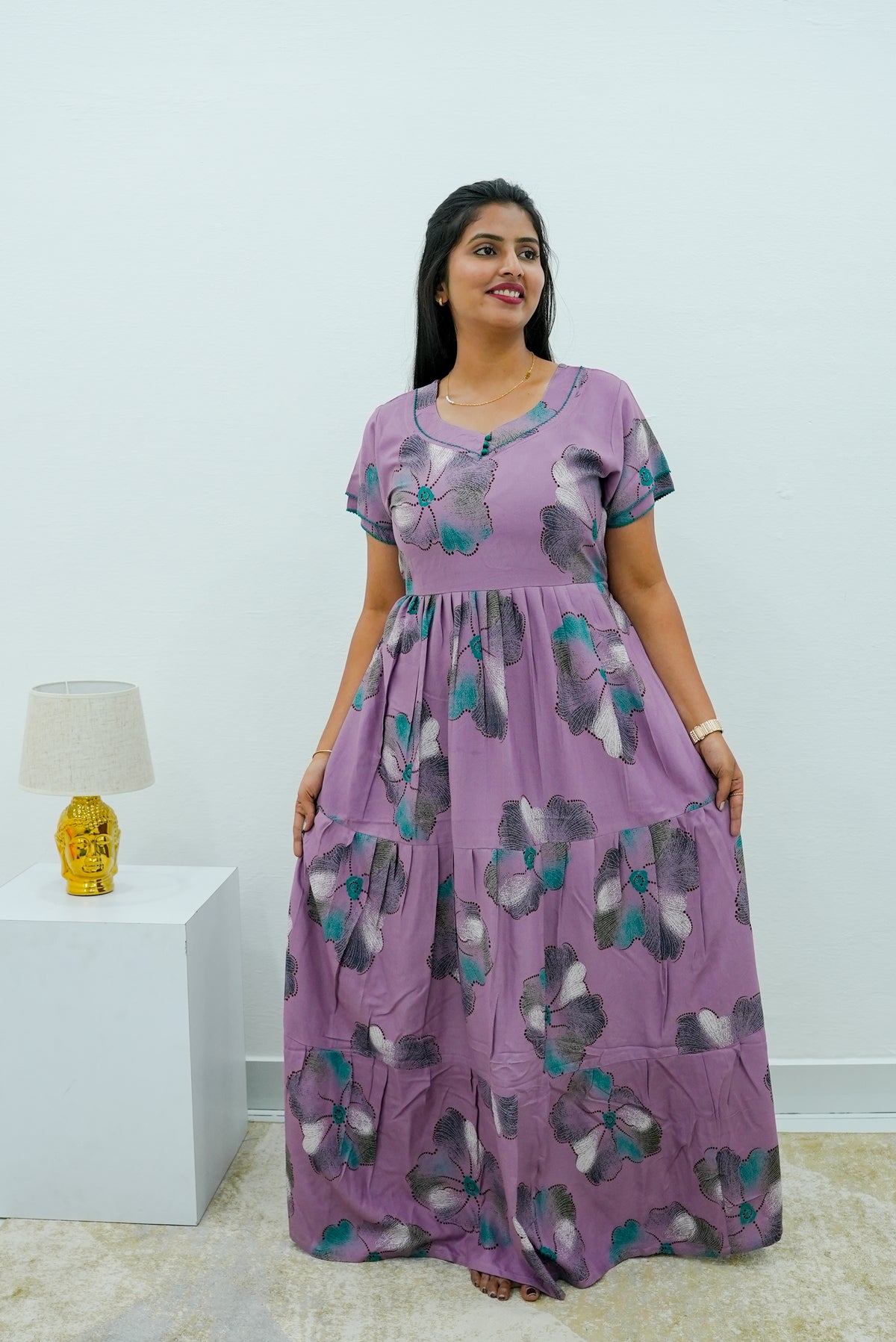 Stylish Alpine 3 Layer Frock Model Nighties| Fancy Sleeves & Neck Pattern| Side Pocket with Back Tie Rope | Perfect Nightwear Trendy Women's (AFK)