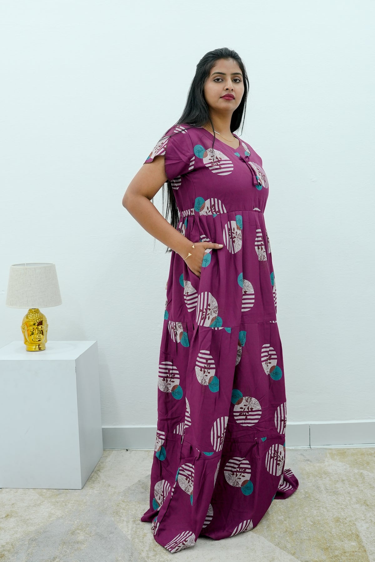 Stylish Alpine 3 Layer Frock Model Nighties| Fancy Sleeves & Neck Pattern| Side Pocket with Back Tie Rope | Perfect Nightwear Trendy Women's (AFK)