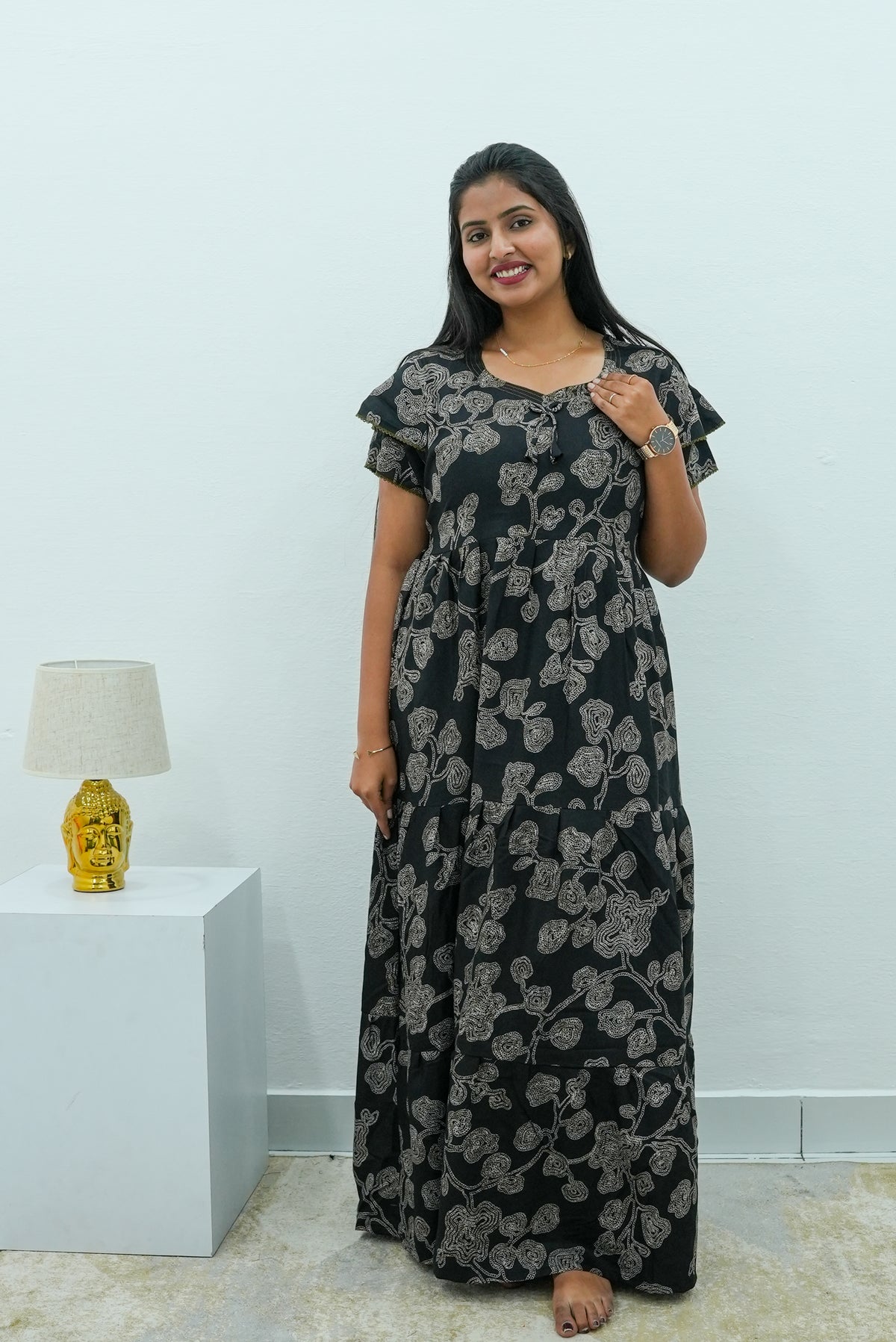 Stylish Alpine 3 Layer Frock Model Nighties| Fancy Sleeves & Neck Pattern| Side Pocket with Back Tie Rope | Perfect Nightwear Trendy Women's (AFK)