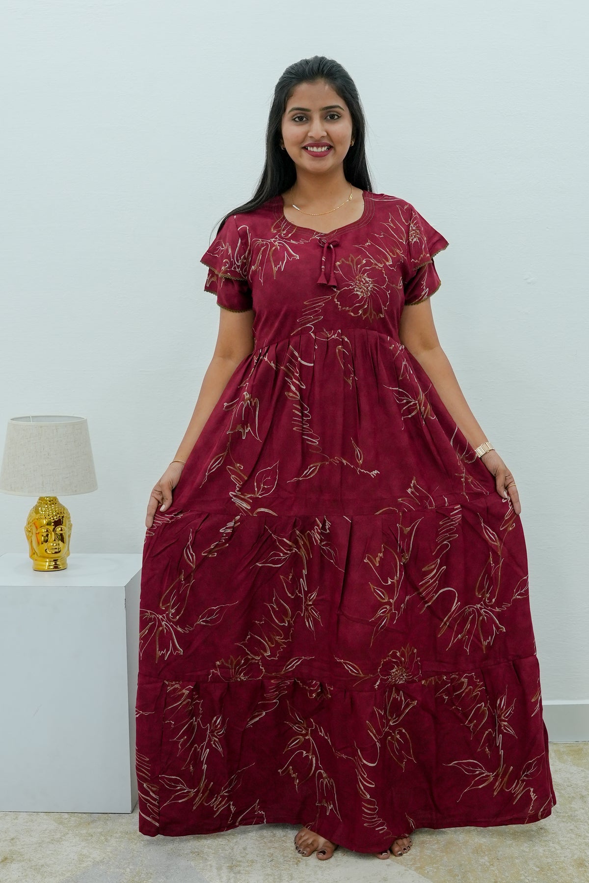 Stylish Alpine 3 Layer Frock Model Nighties| Fancy Sleeves & Neck Pattern| Side Pocket with Back Tie Rope | Perfect Nightwear Trendy Women's (AFK)