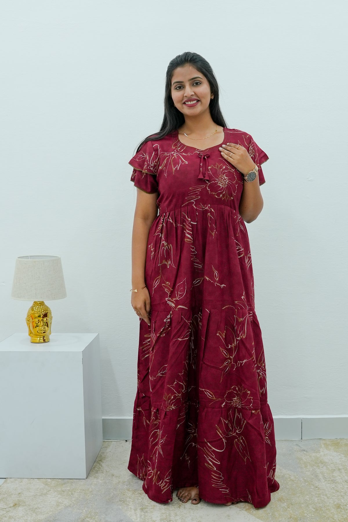 Stylish Alpine 3 Layer Frock Model Nighties| Fancy Sleeves & Neck Pattern| Side Pocket with Back Tie Rope | Perfect Nightwear Trendy Women's (AFK)