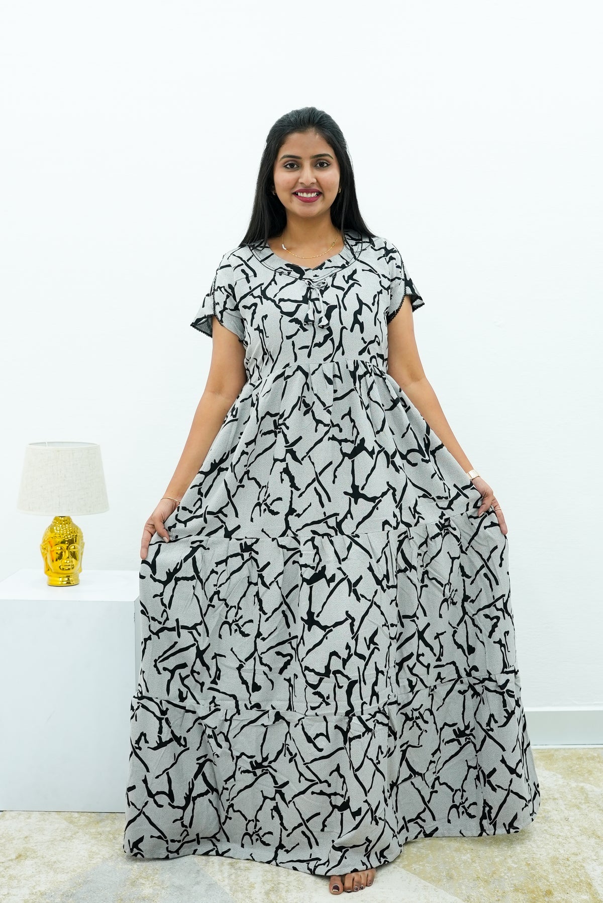 Stylish Alpine 3 Layer Frock Model Nighties| Fancy Sleeves & Neck Pattern| Side Pocket with Back Tie Rope | Perfect Nightwear Trendy Women's (AFK)