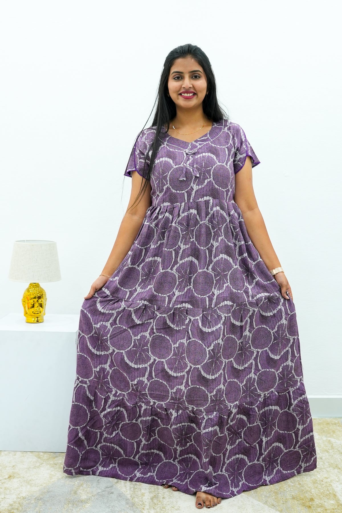 Stylish Alpine 3 Layer Frock Model Nighties| Fancy Sleeves & Neck Pattern| Side Pocket with Back Tie Rope | Perfect Nightwear Trendy Women's (AFK)