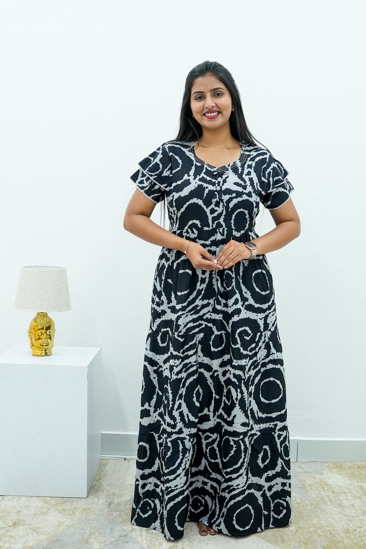 Stylish Alpine 3 Layer Frock Model Nighties| Fancy Sleeves & Neck Pattern| Side Pocket with Back Tie Rope | Perfect Nightwear Trendy Women's (AFK)