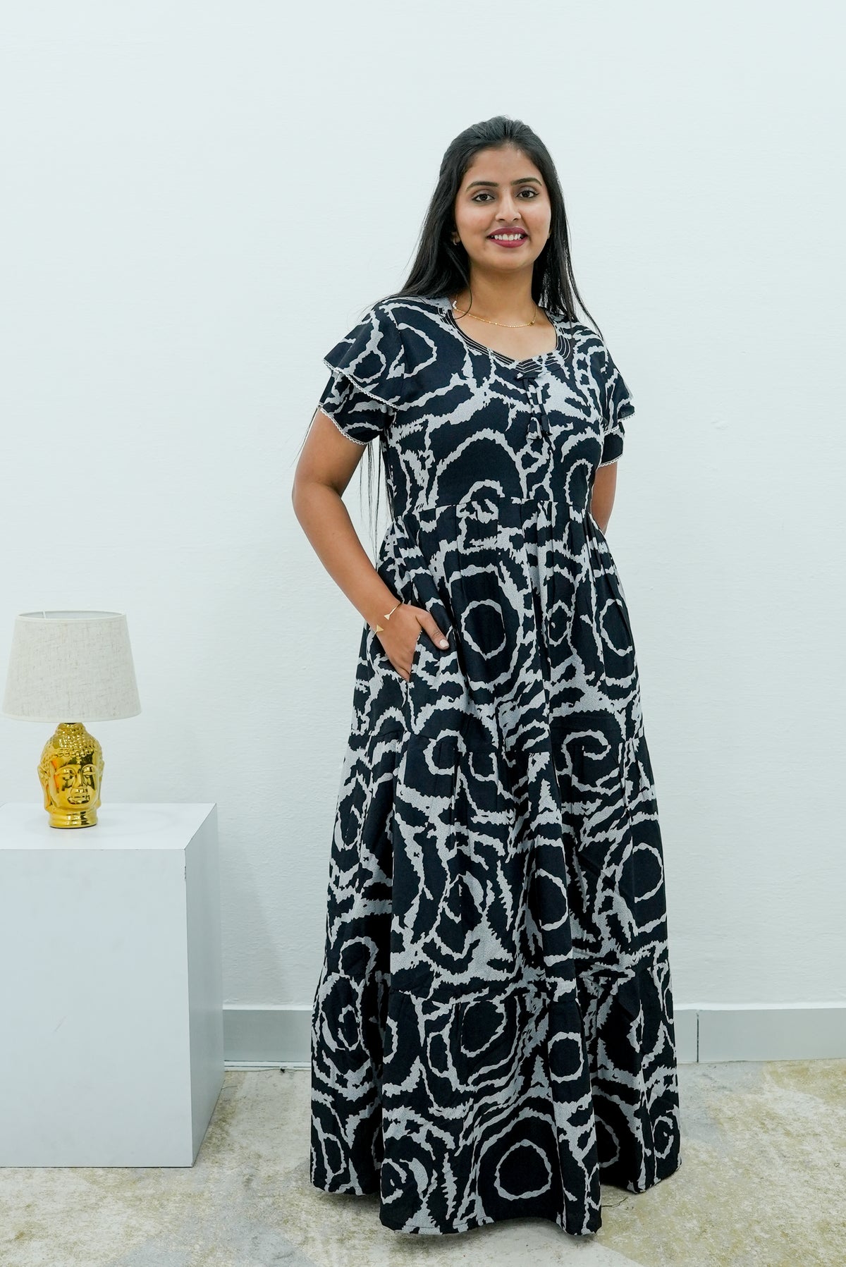 Stylish Alpine 3 Layer Frock Model Nighties| Fancy Sleeves & Neck Pattern| Side Pocket with Back Tie Rope | Perfect Nightwear Trendy Women's (AFK)