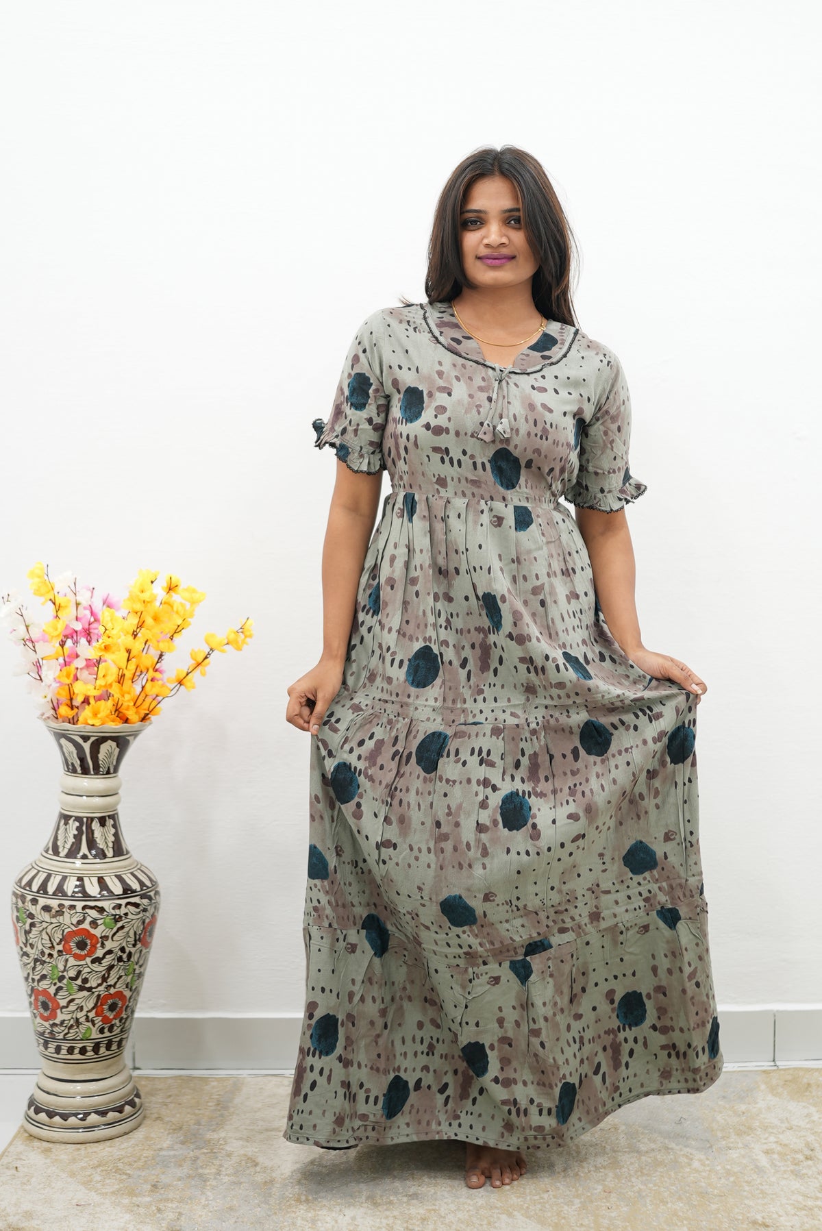 Mangai 3 Layer Flared Frock Model Nighties Soft and Smooth Premium Quality Rayon Material , Fancy Frilled Sleeve, Side Pocket , Back tie Rope , Stylish Collection's for Trendy Women's (MRK)