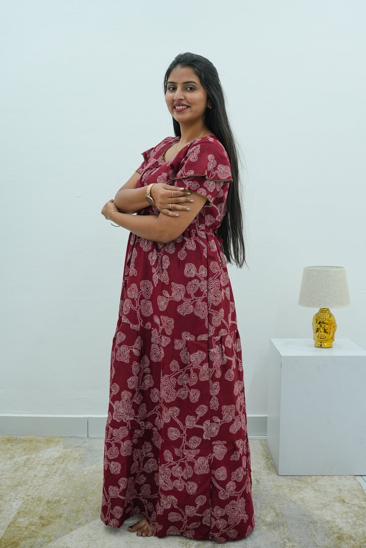 Stylish Alpine 3 Layer Frock Model Nighties| Fancy Sleeves & Neck Pattern| Side Pocket with Back Tie Rope | Perfect Nightwear Trendy Women's (AFK)